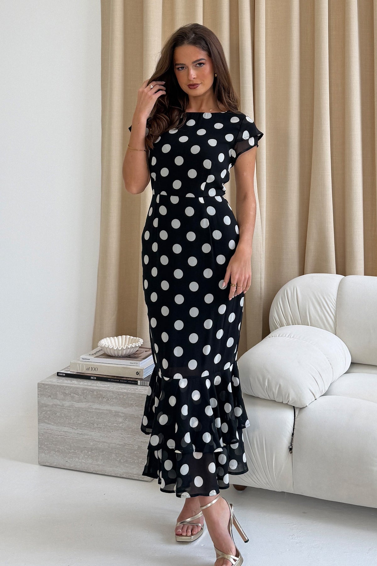 Girl In Mind Roxy Polka Dot Black Ruffle Hem Midi Dress