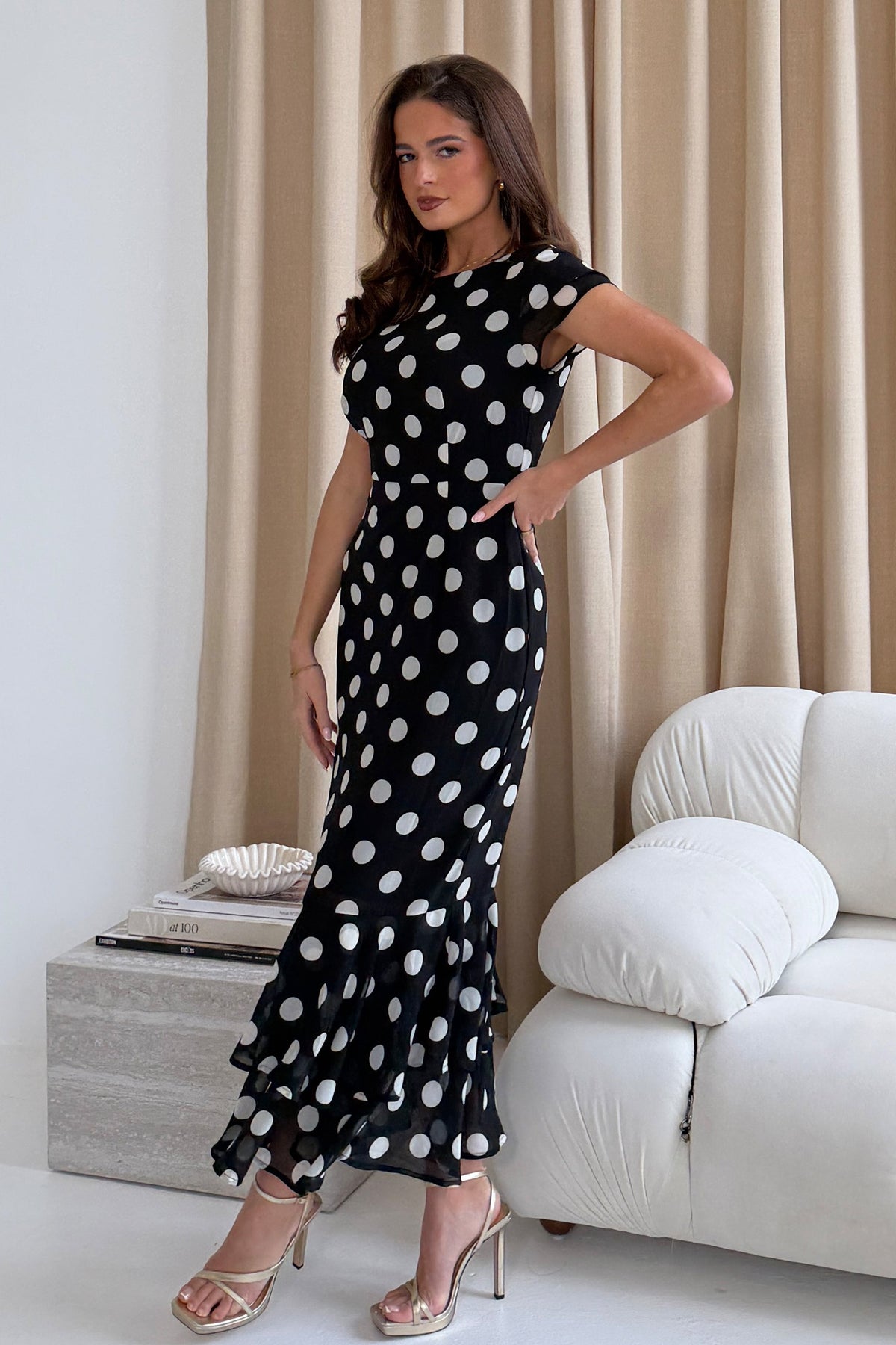 Girl In Mind Roxy Polka Dot Black Ruffle Hem Midi Dress