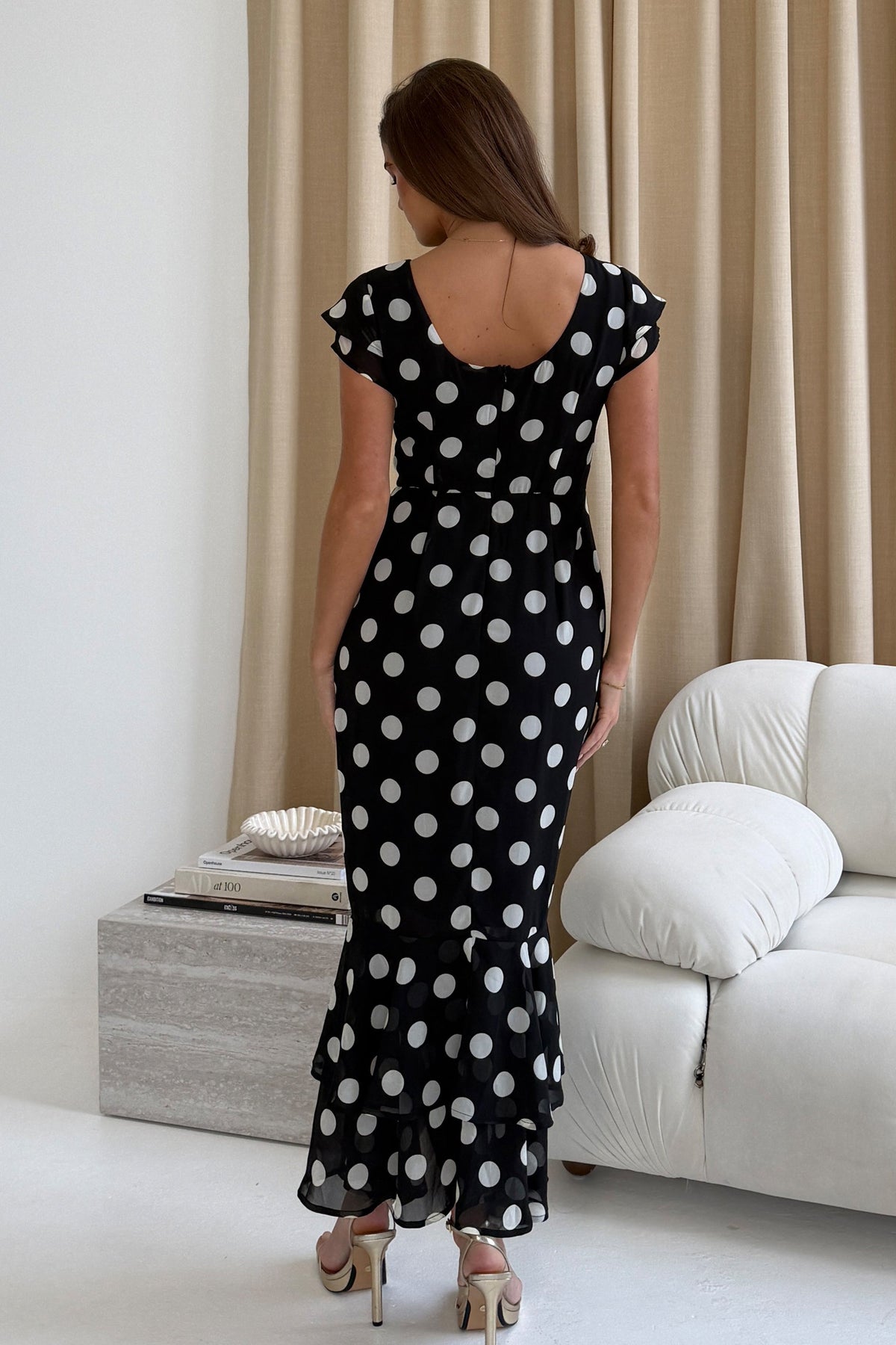 Girl In Mind Roxy Polka Dot Black Ruffle Hem Midi Dress