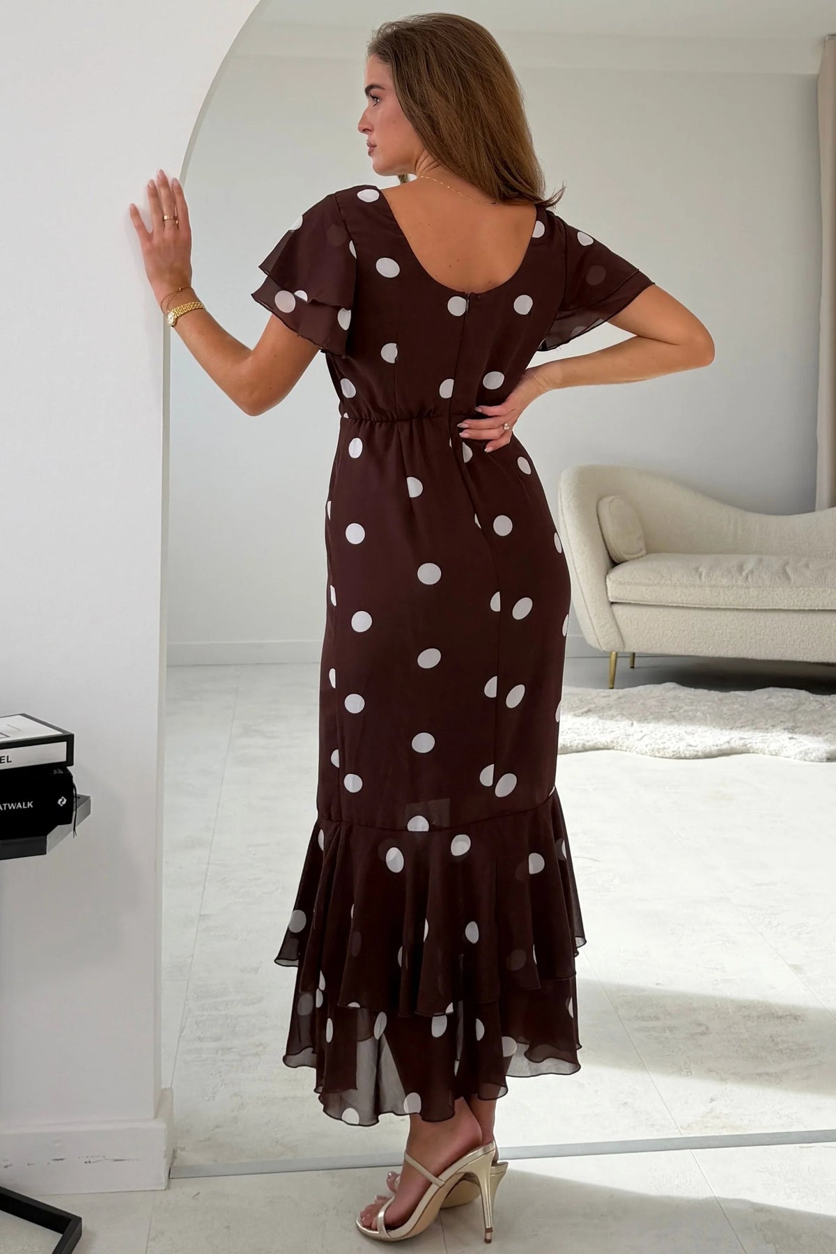 Girl In Mind Roxy Polka Dot Brown Ruffle Hem Midi Dress