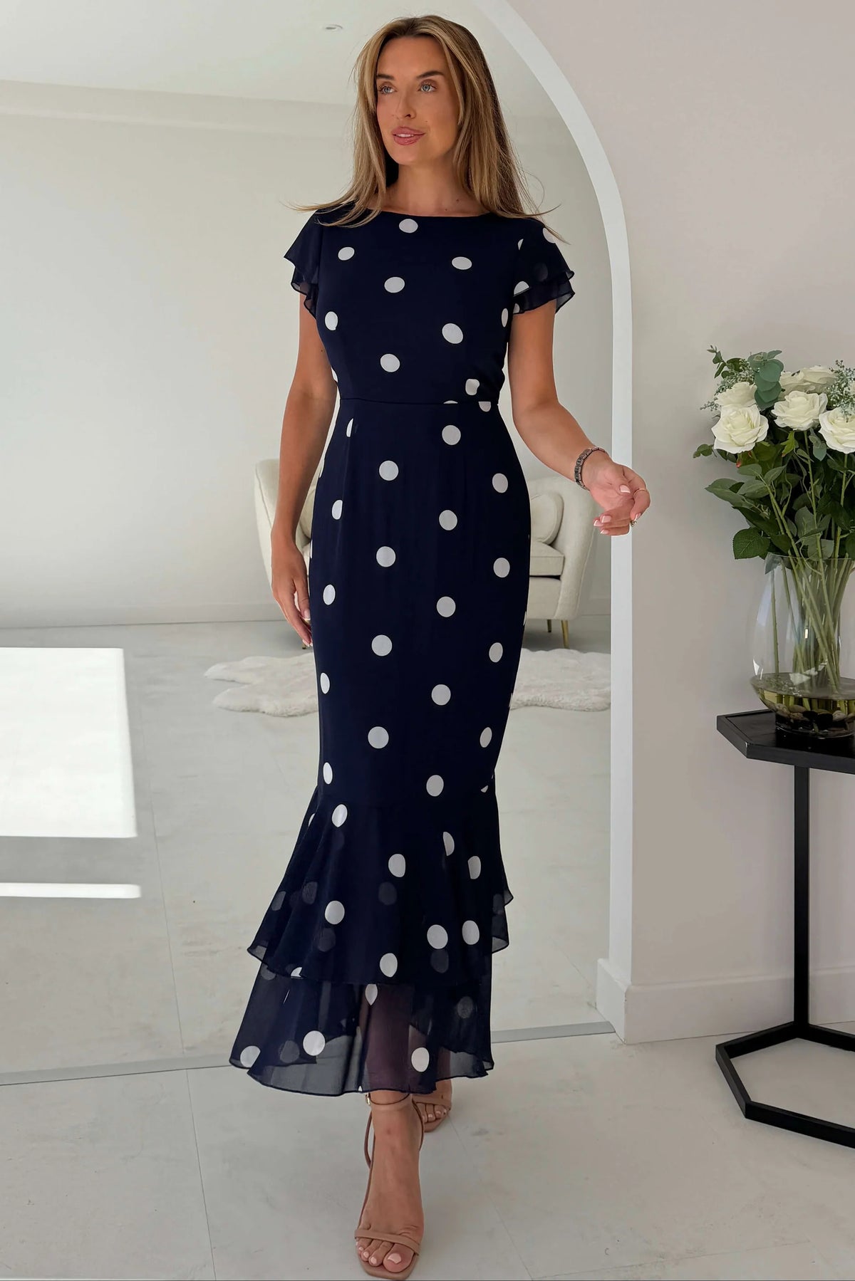 Girl In Mind Roxy Polka Dot Navy Blue Ruffle Hem Midi Dress