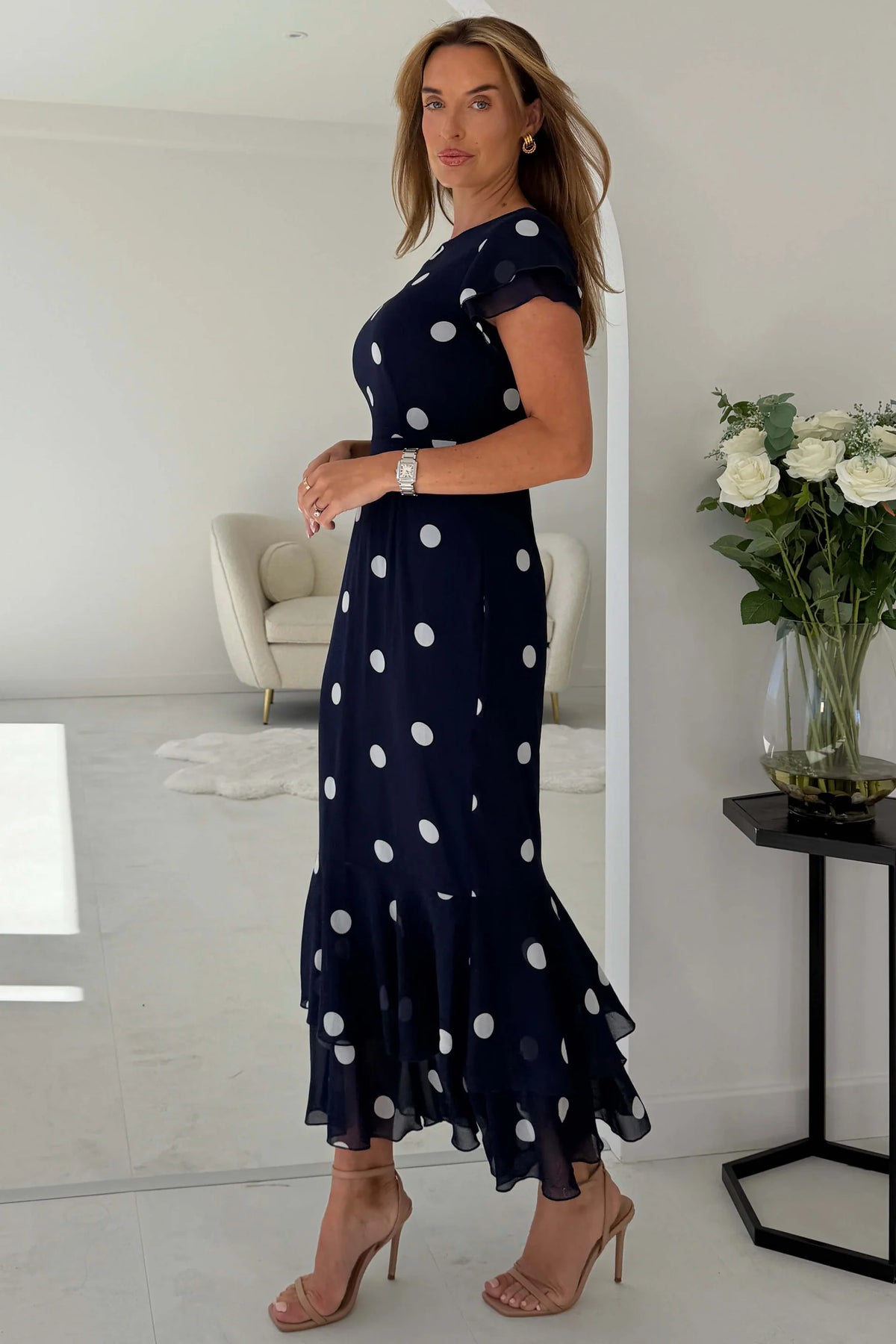 Girl In Mind Roxy Polka Dot Navy Blue Ruffle Hem Midi Dress