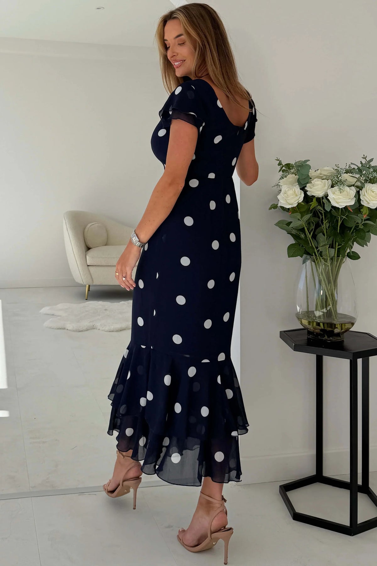 Girl In Mind Roxy Polka Dot Navy Blue Ruffle Hem Midi Dress