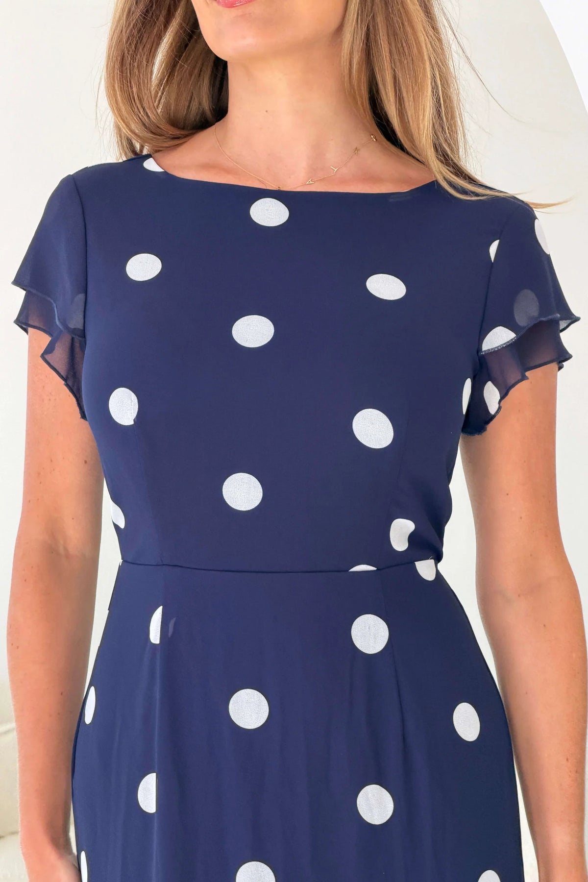 Girl In Mind Roxy Polka Dot Navy Blue Ruffle Hem Midi Dress
