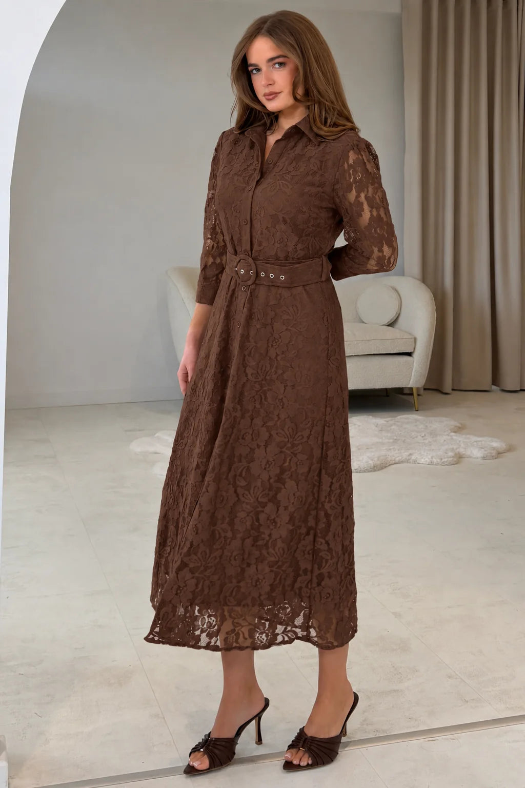 Girl In Mind Tansy Short Sleeve Lace Brown Midi Dress