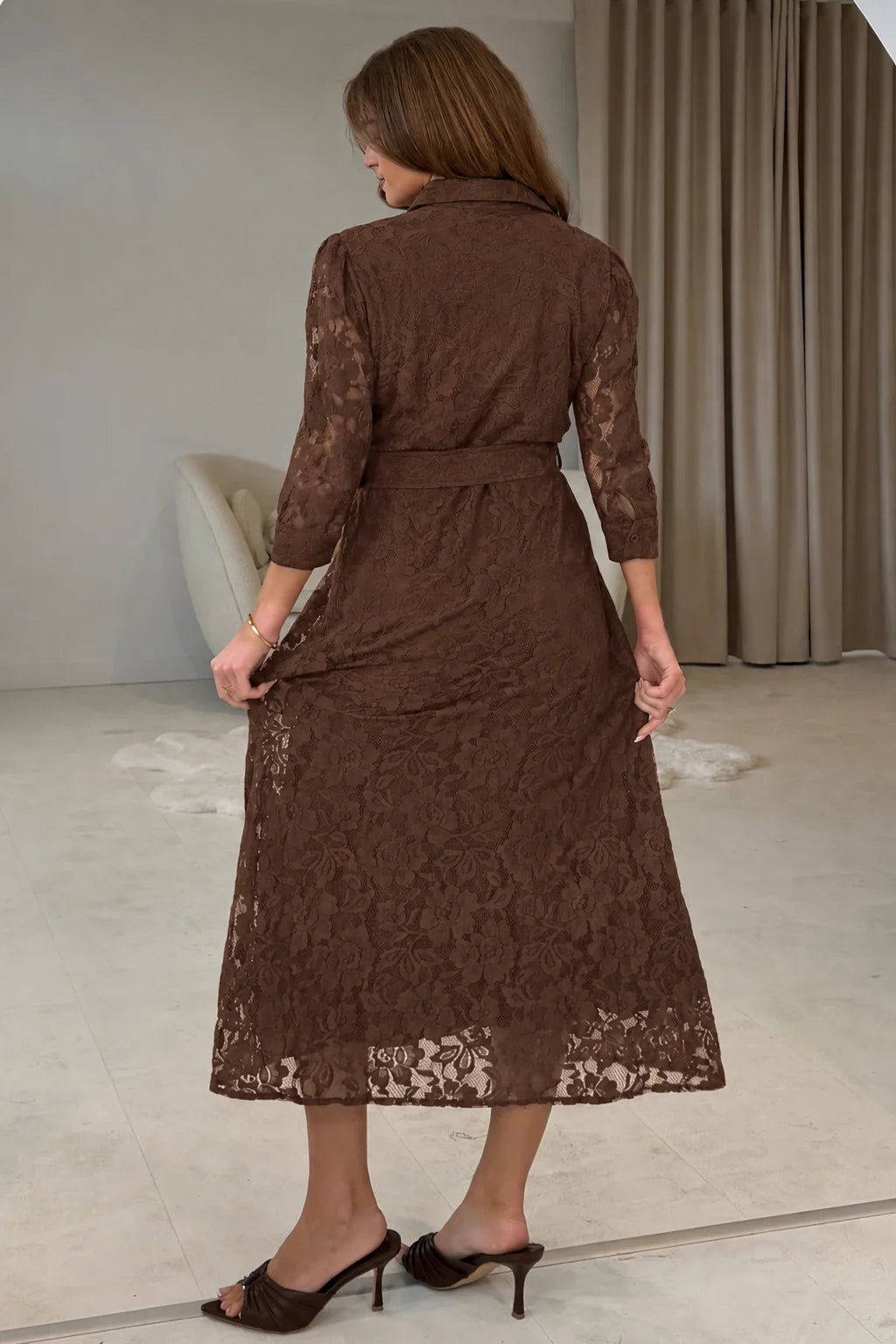Girl In Mind Tansy Short Sleeve Lace Brown Midi Dress