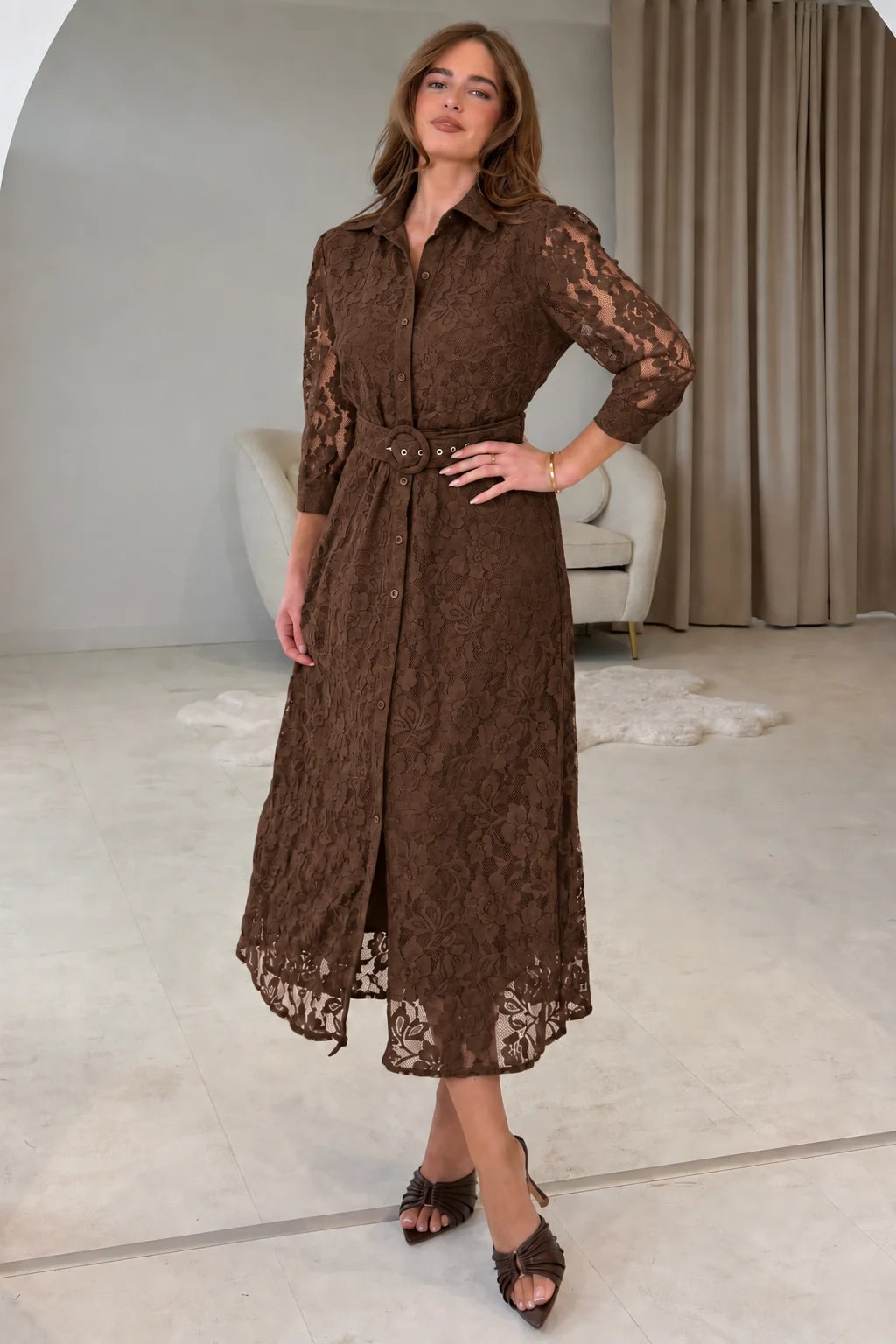 Girl In Mind Tansy Short Sleeve Lace Brown Midi Dress
