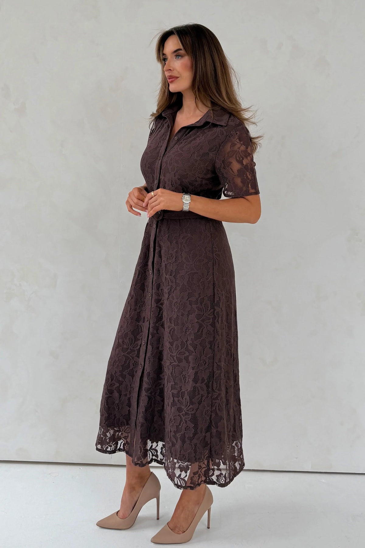 Girl In Mind Tansy Short Sleeve Lace Brown Midi Dress
