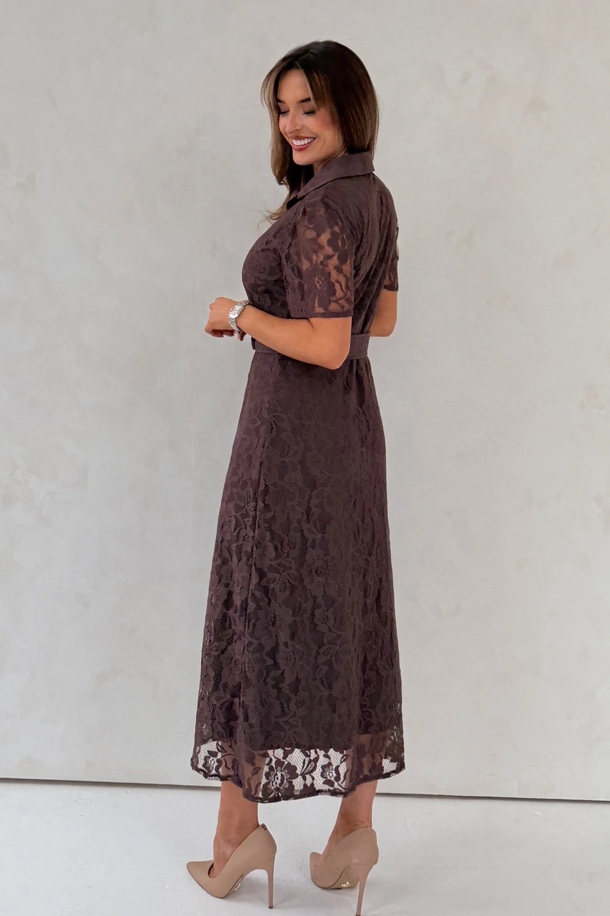 Girl In Mind Tansy Short Sleeve Lace Brown Midi Dress