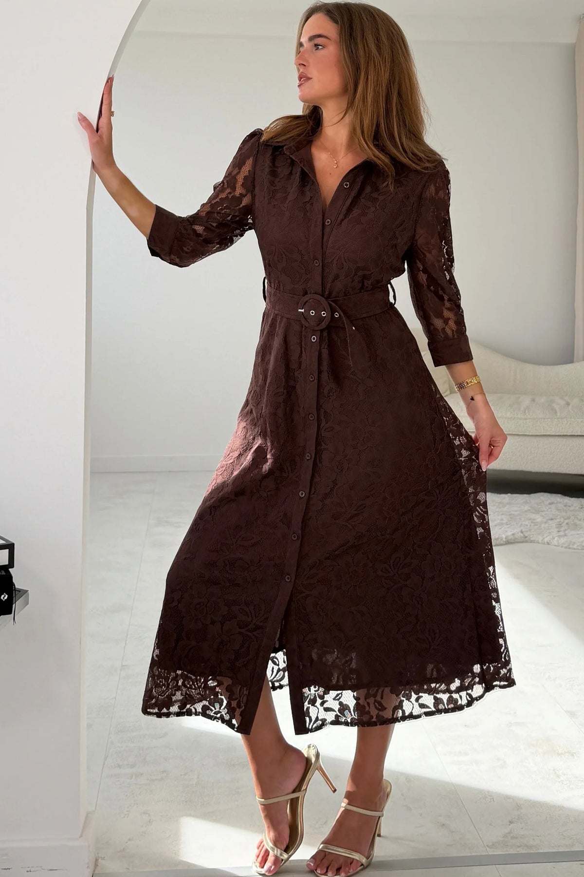 Girl In Mind Tansy Short Sleeve Lace Brown Midi Dress