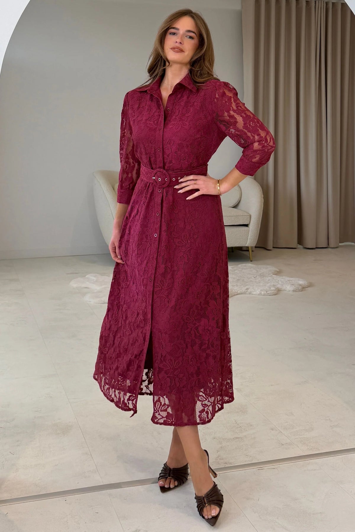 Girl In Mind Tansy Short Sleeve Lace Wine Midi Dress