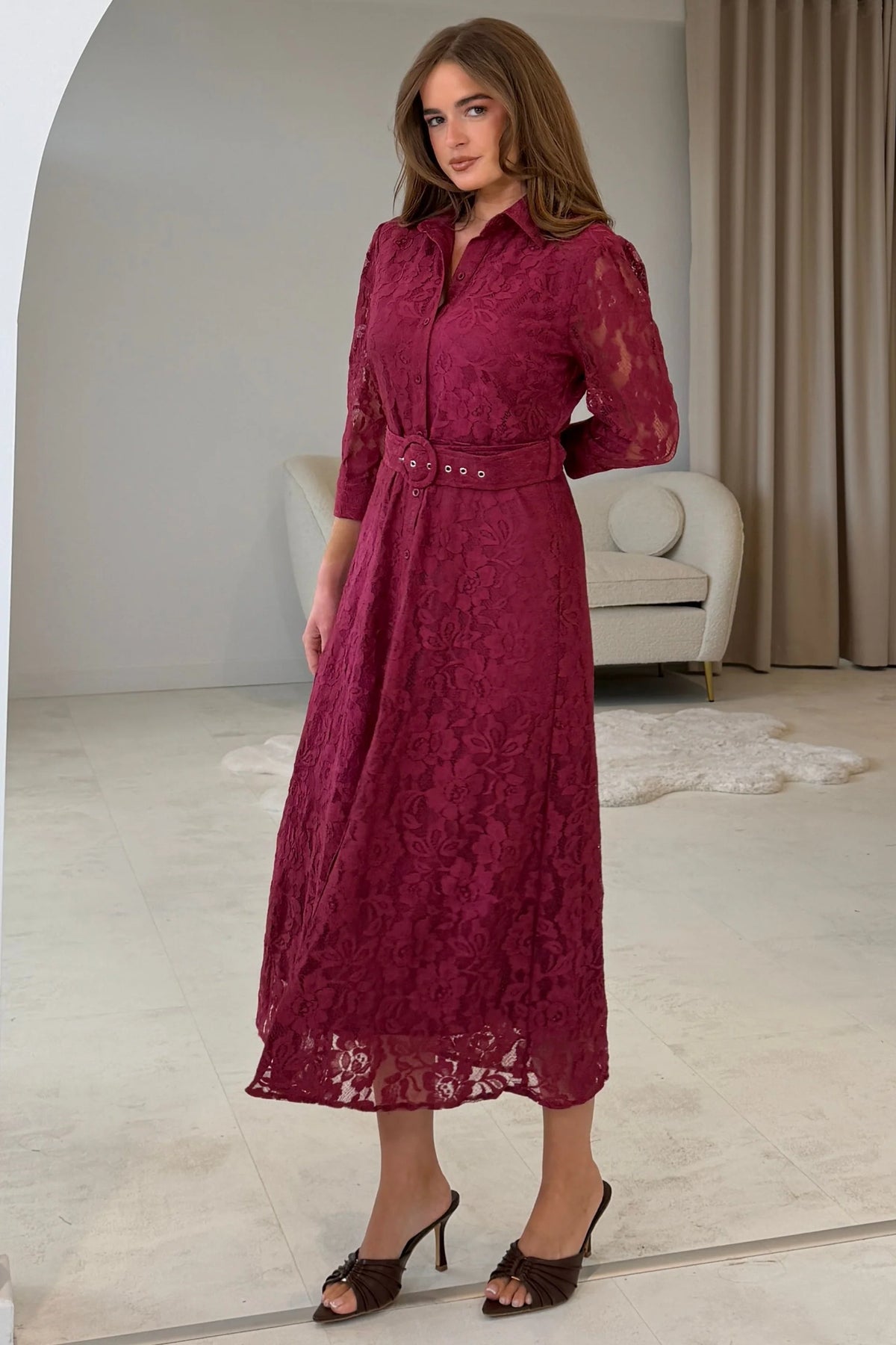 Girl In Mind Tansy Short Sleeve Lace Wine Midi Dress
