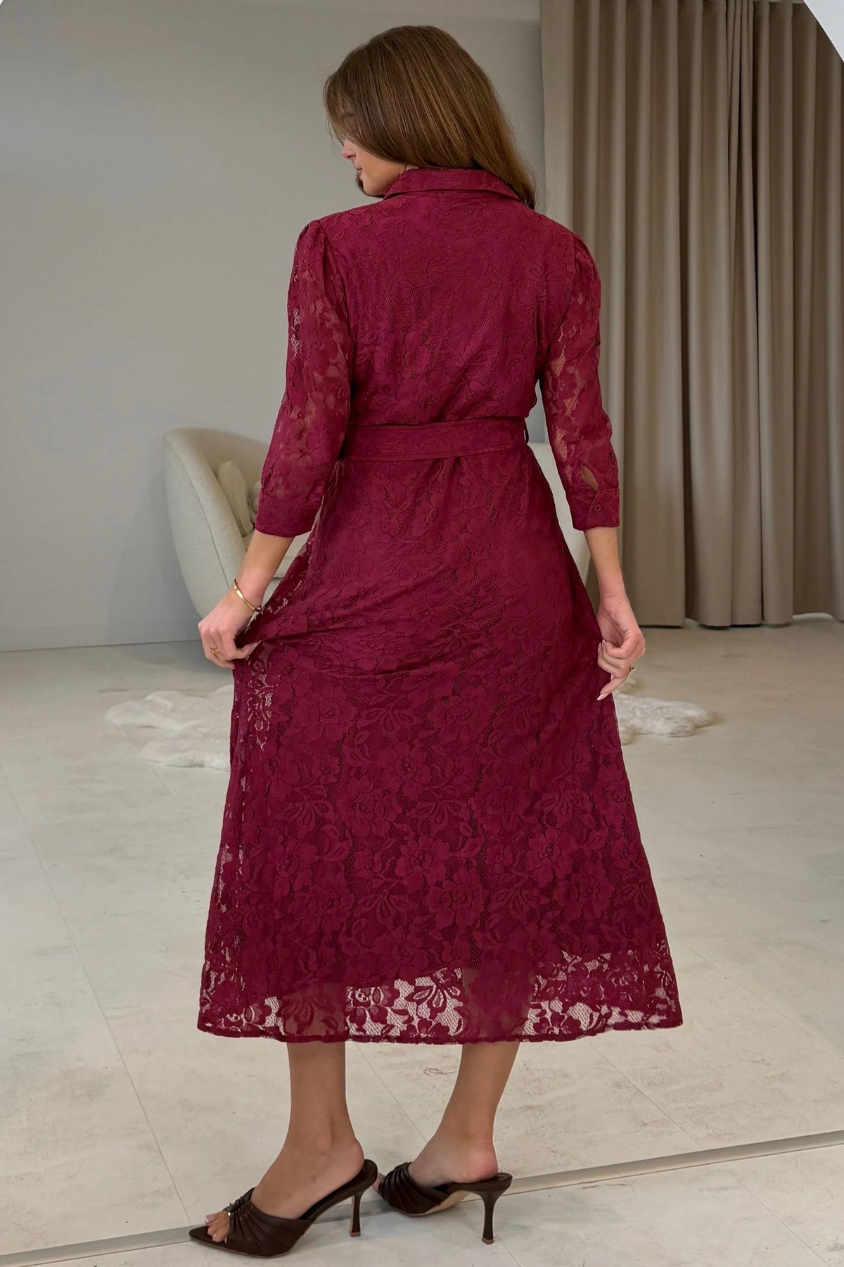 Girl In Mind Tansy Short Sleeve Lace Wine Midi Dress
