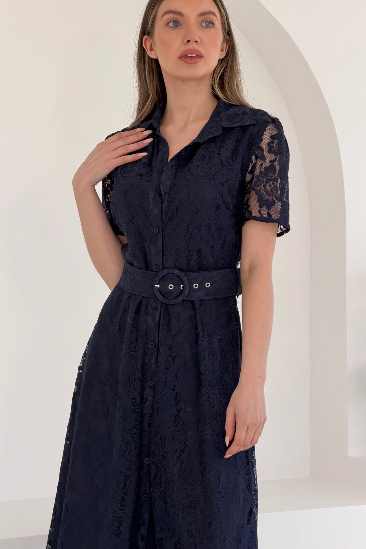 Girl In Mind Tansy Short Sleeve Lace Navy Blue Midi Dress