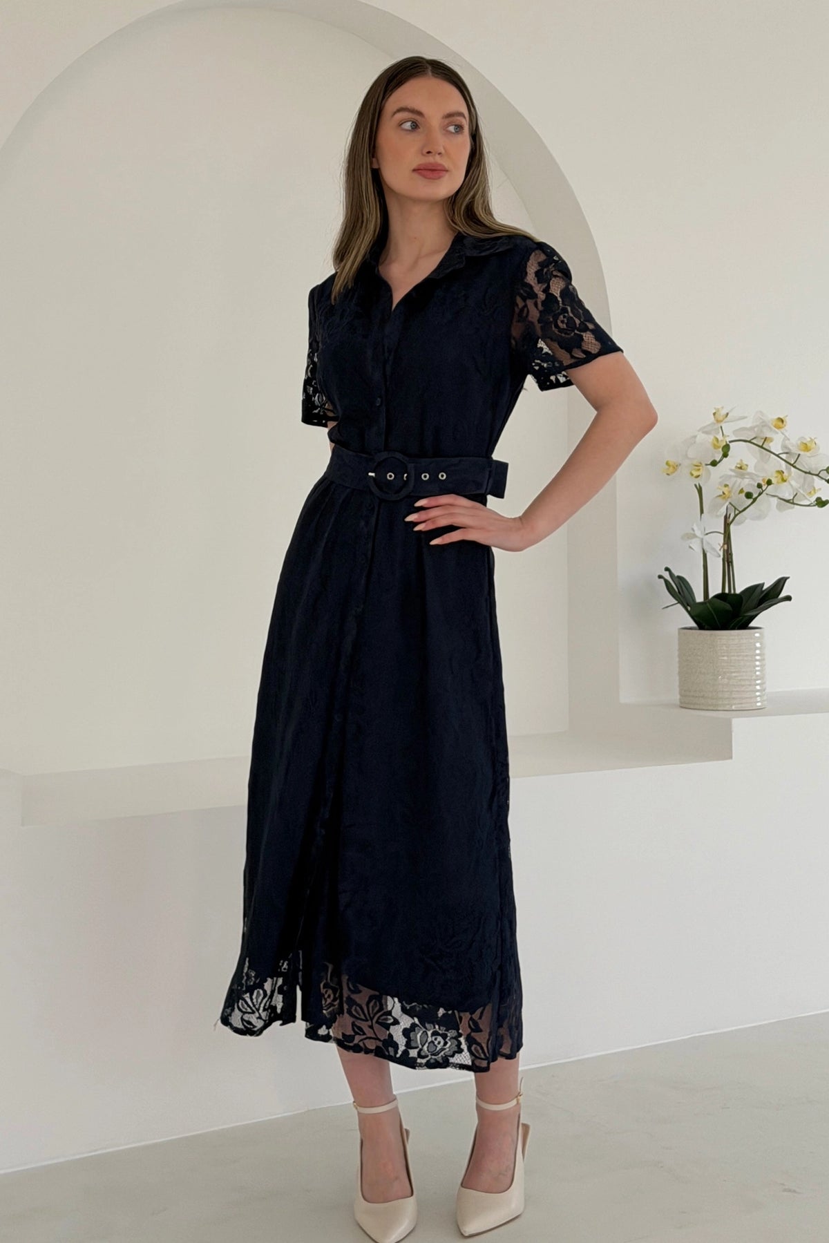 Girl In Mind Tansy Short Sleeve Lace Navy Blue Midi Dress