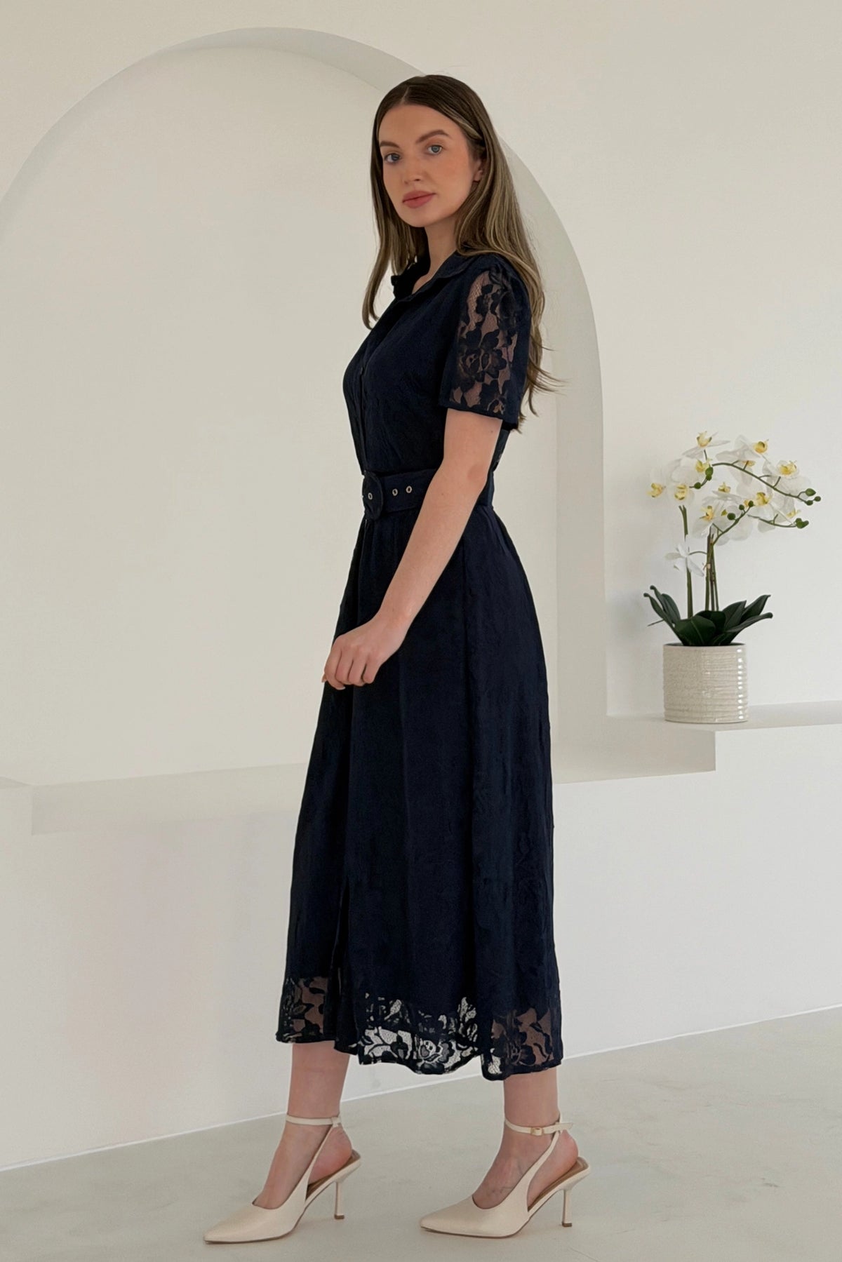Girl In Mind Tansy Short Sleeve Lace Navy Blue Midi Dress