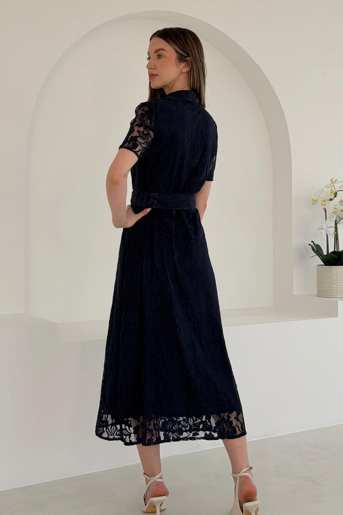 Girl In Mind Tansy Short Sleeve Lace Navy Blue Midi Dress