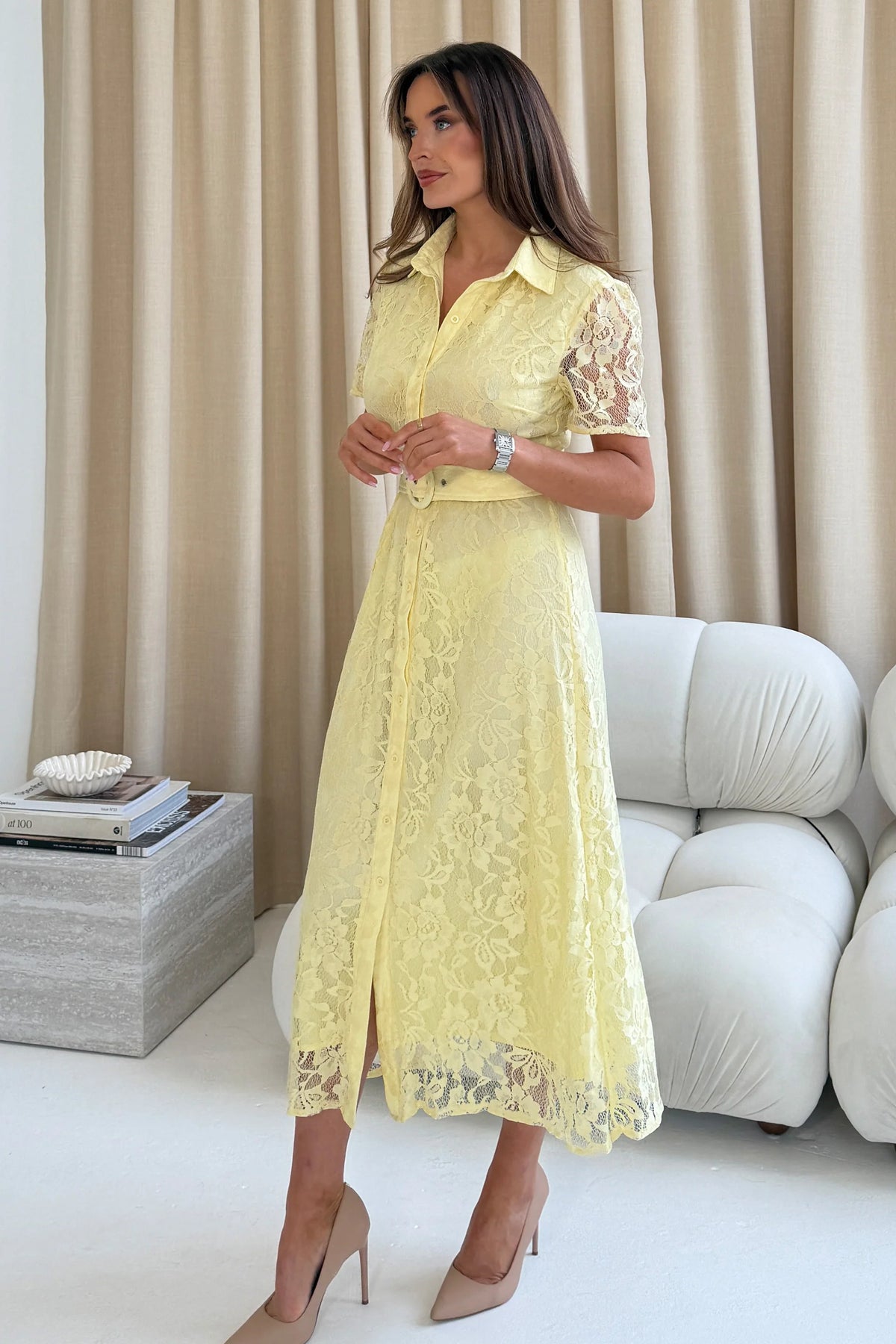 Girl In Mind Tansy Short Sleeve Lace Yellow Midi Dress