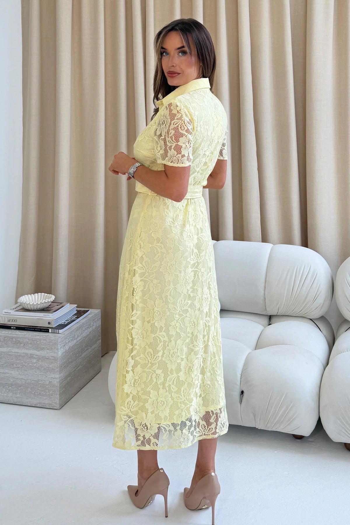 Girl In Mind Tansy Short Sleeve Lace Yellow Midi Dress