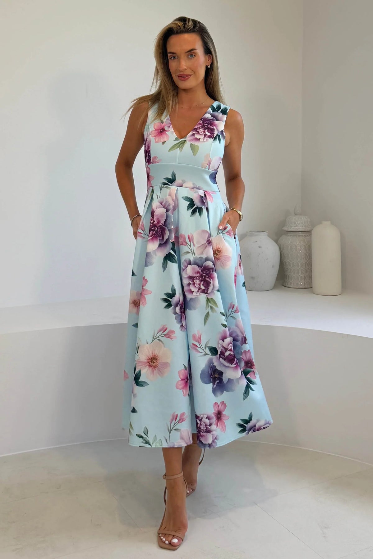 Girl In Mind Tiffany V Neck Blue Floral Skater Dress