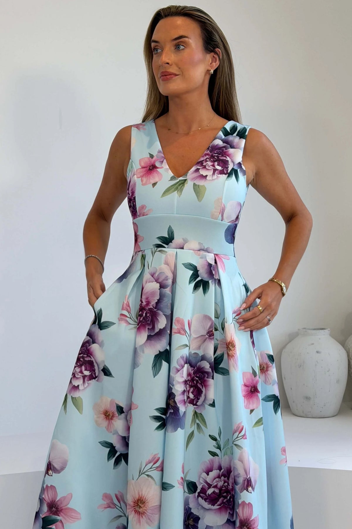 Girl In Mind Tiffany V Neck Blue Floral Skater Dress