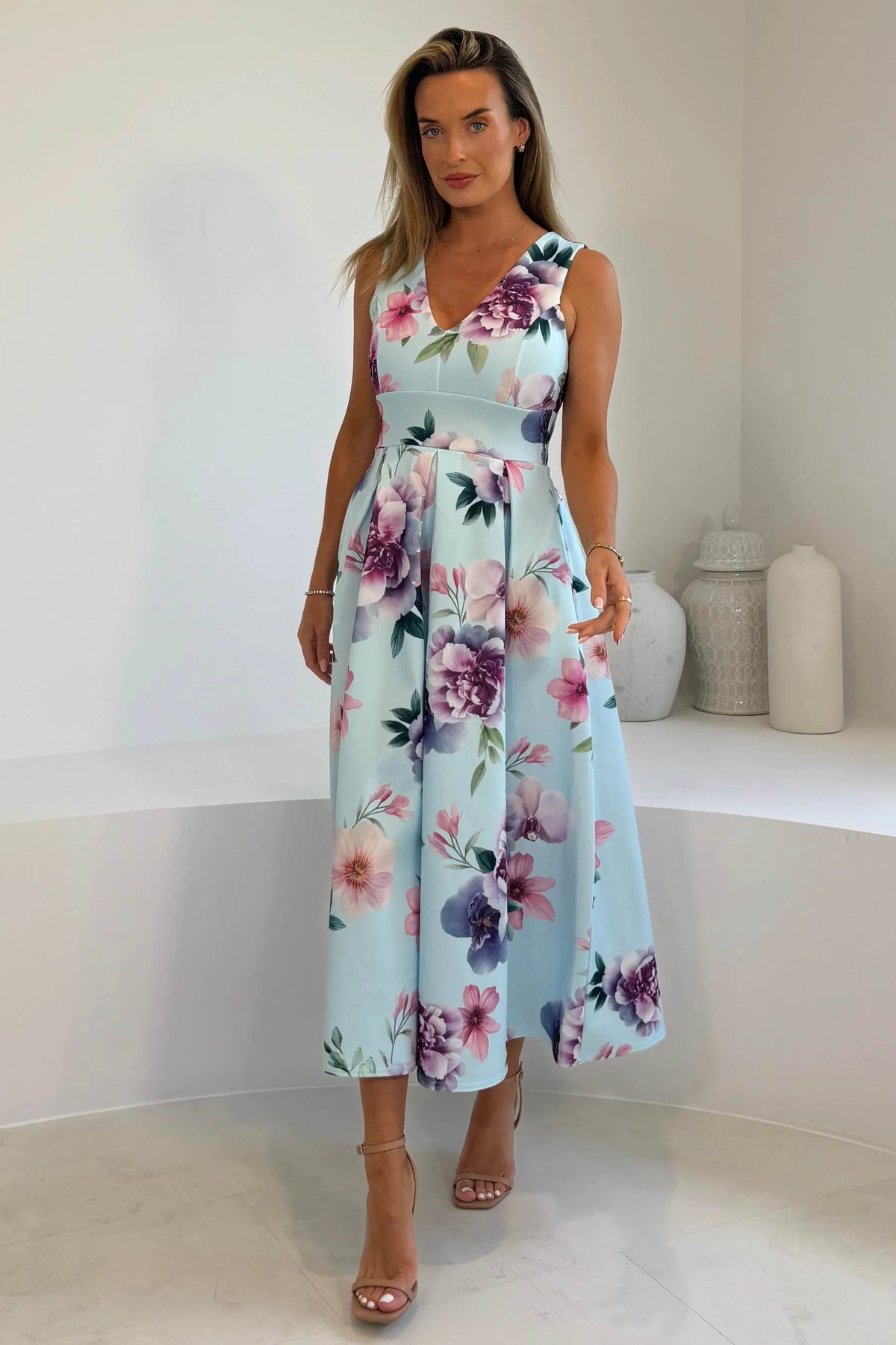 Girl In Mind Tiffany V Neck Blue Floral Skater Dress