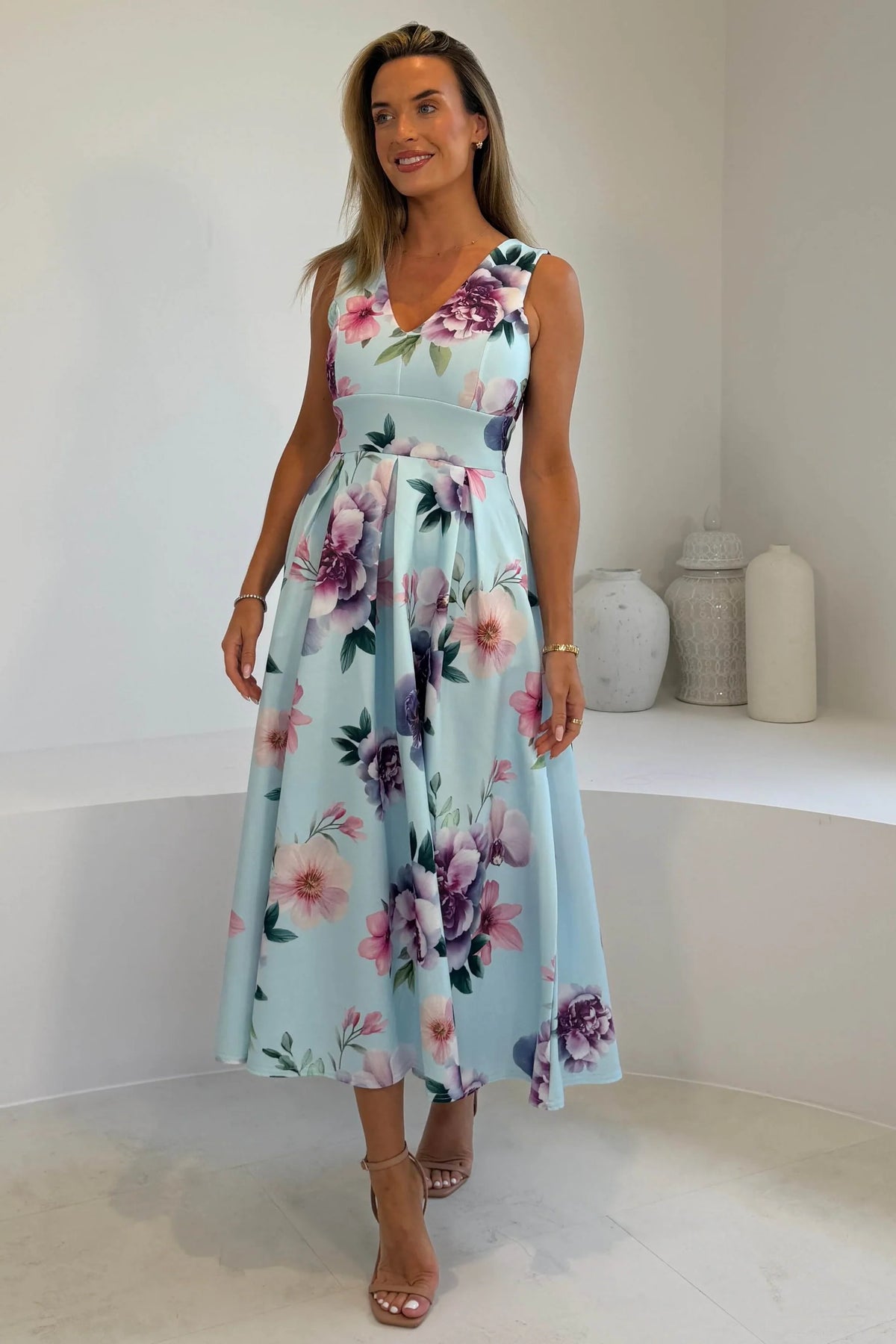 Girl In Mind Tiffany V Neck Blue Floral Skater Dress
