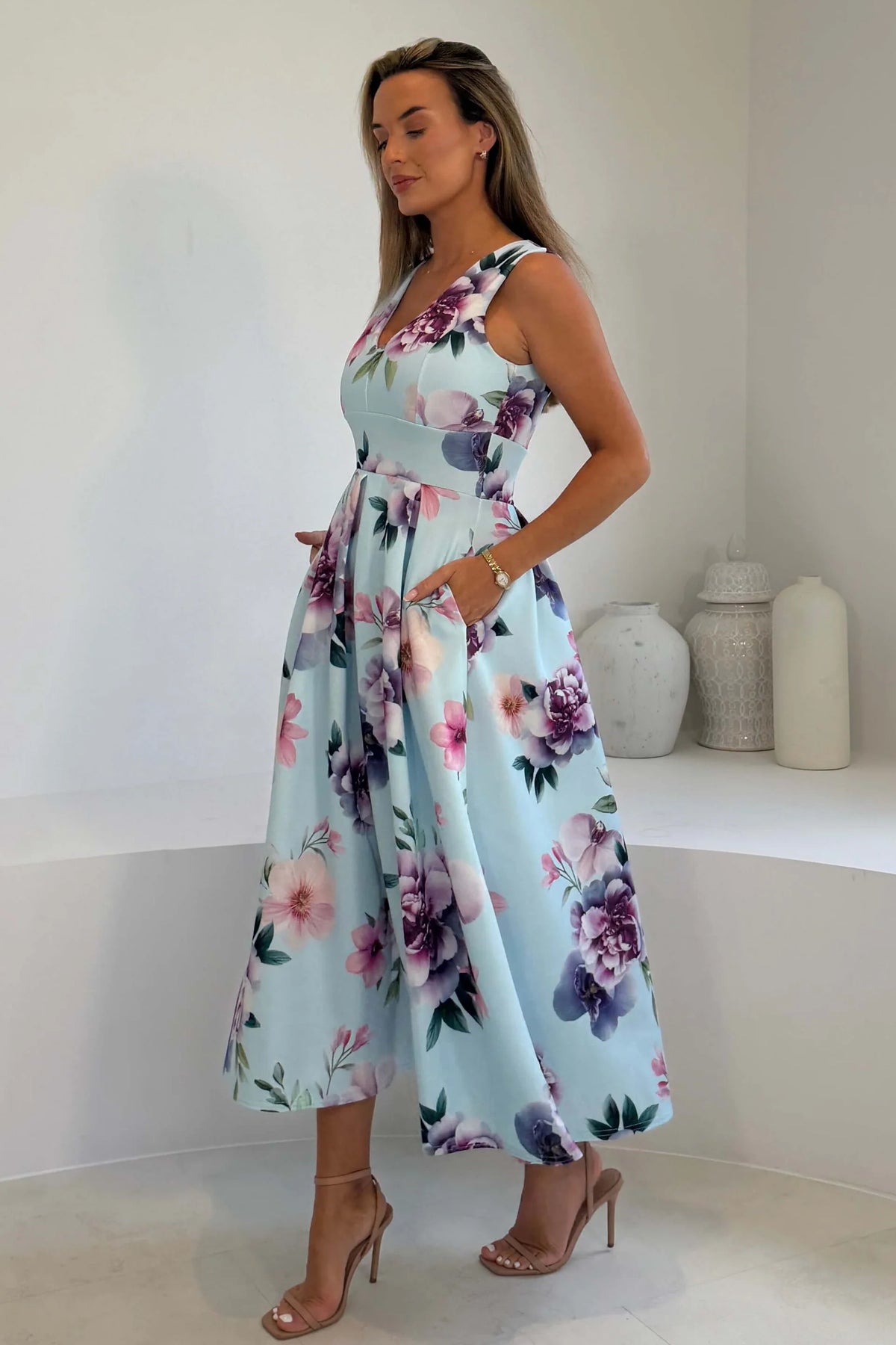 Girl In Mind Tiffany V Neck Blue Floral Skater Dress