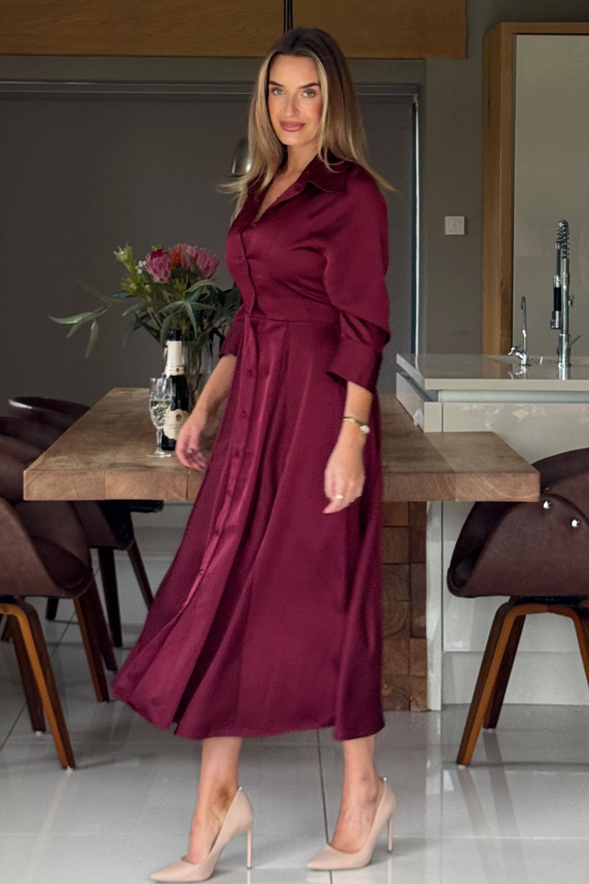 Girl In Mind Valeria Berry Satin Shirt Dress