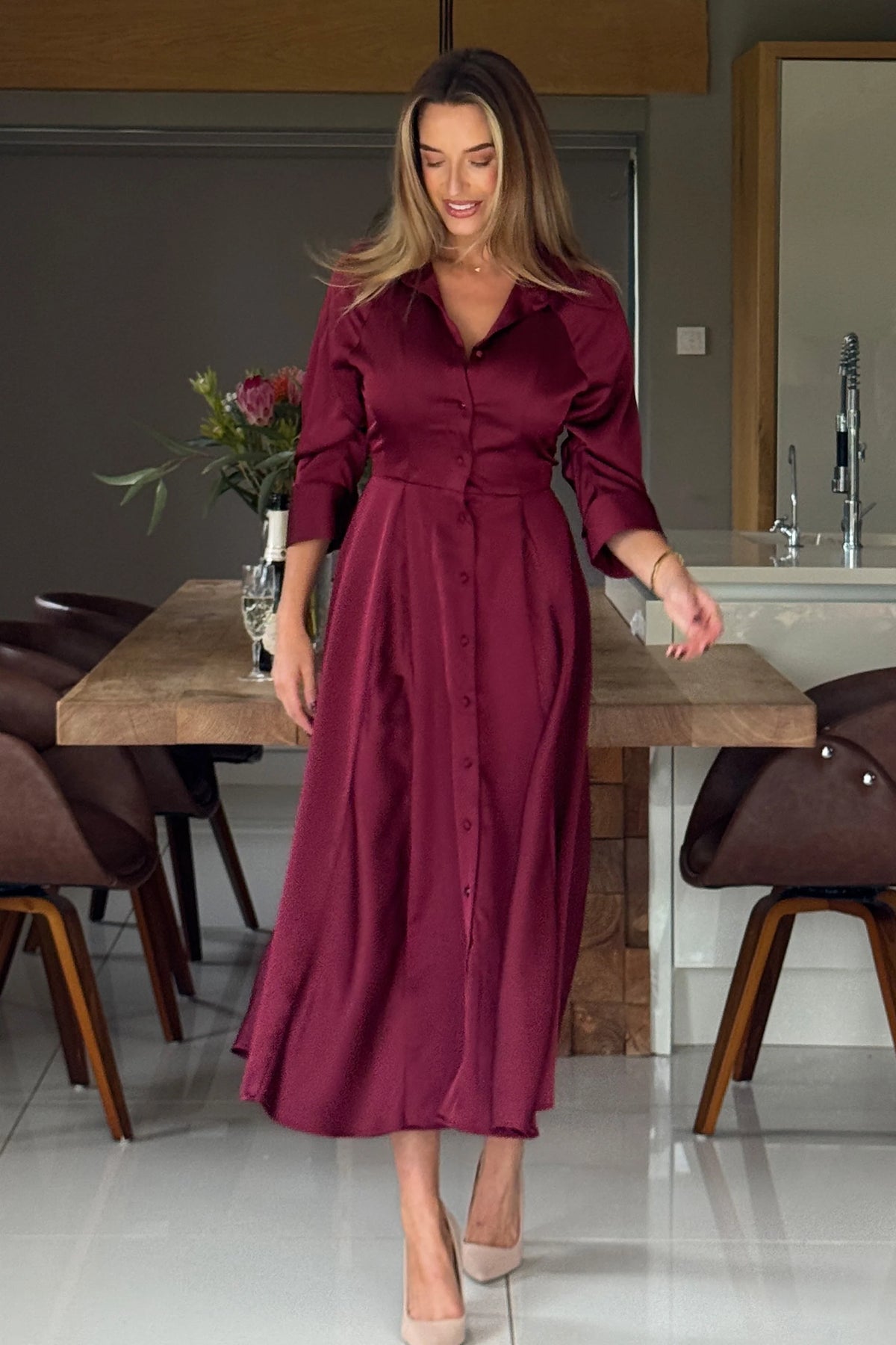 Girl In Mind Valeria Berry Satin Shirt Dress