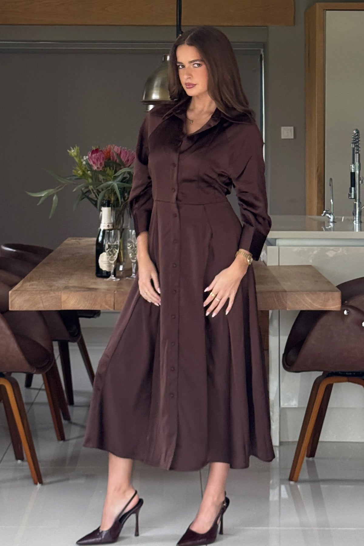 Girl In Mind Valeria Chocolate Brown Satin Shirt Dress