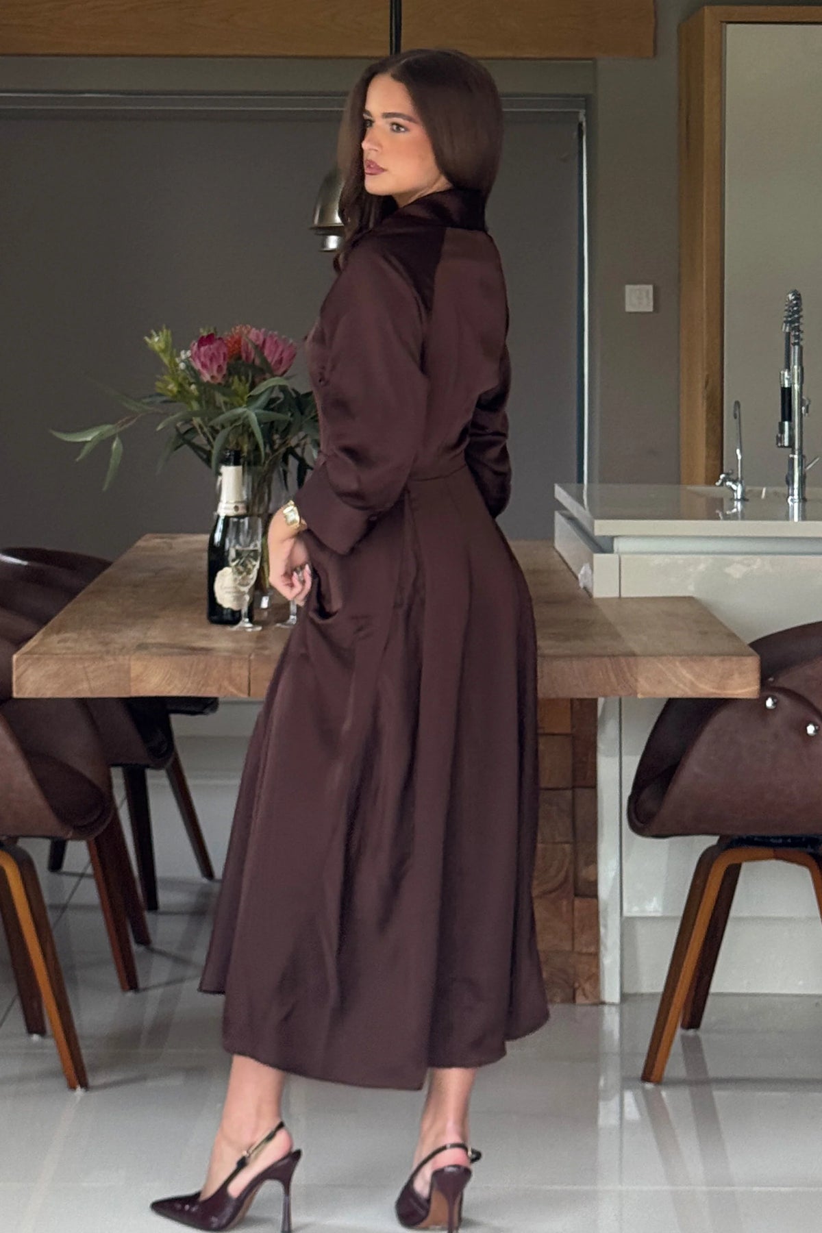 Girl In Mind Valeria Chocolate Brown Satin Shirt Dress