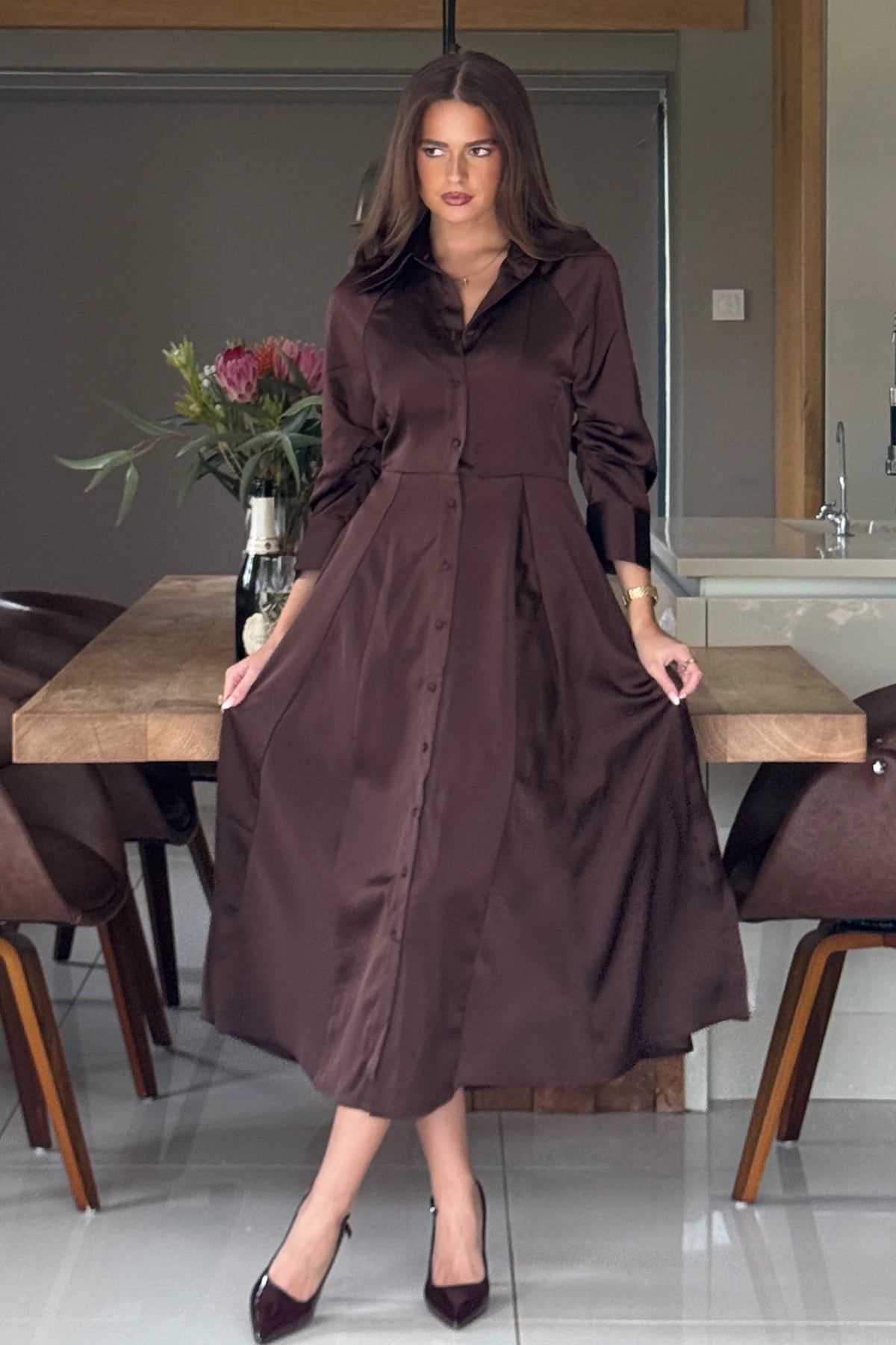 Girl In Mind Valeria Chocolate Brown Satin Shirt Dress