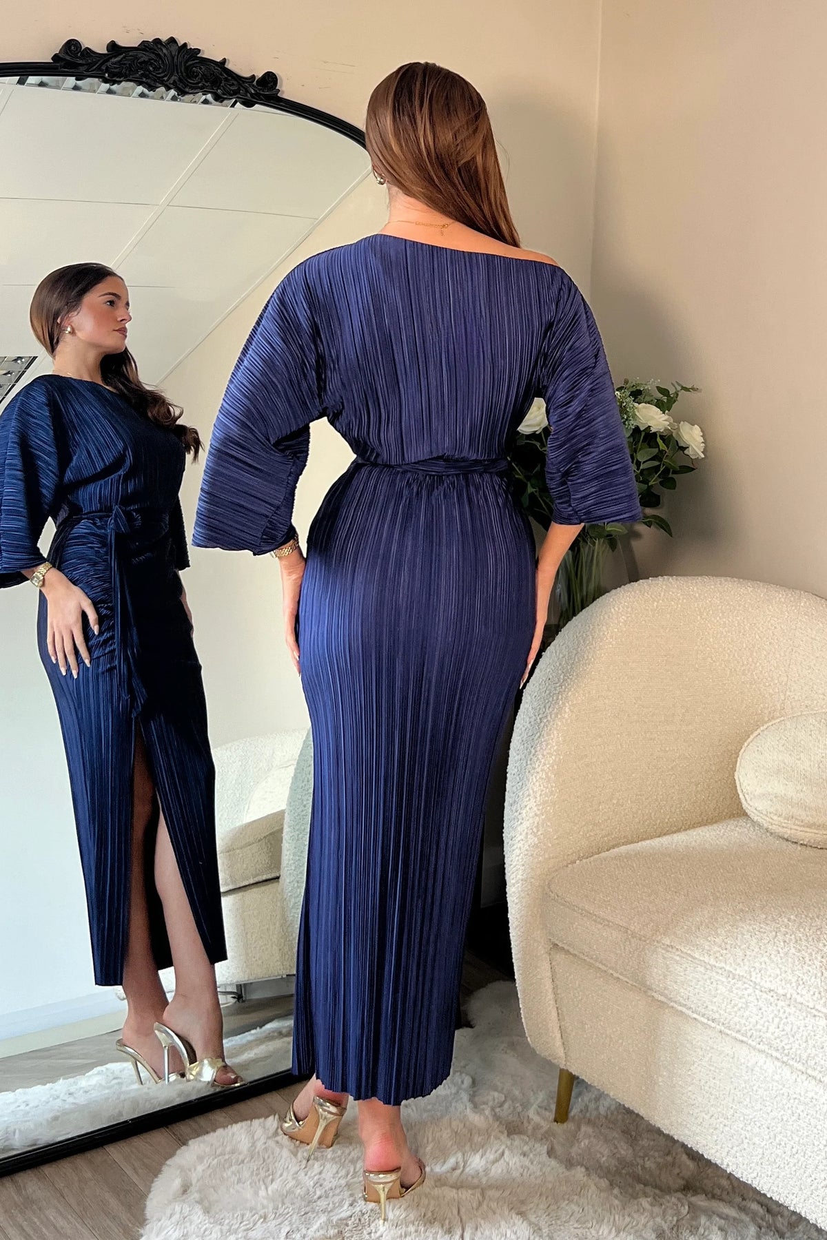 Girl In Mind Vendy Off The Shoulder Plisse Navy Midi Dress