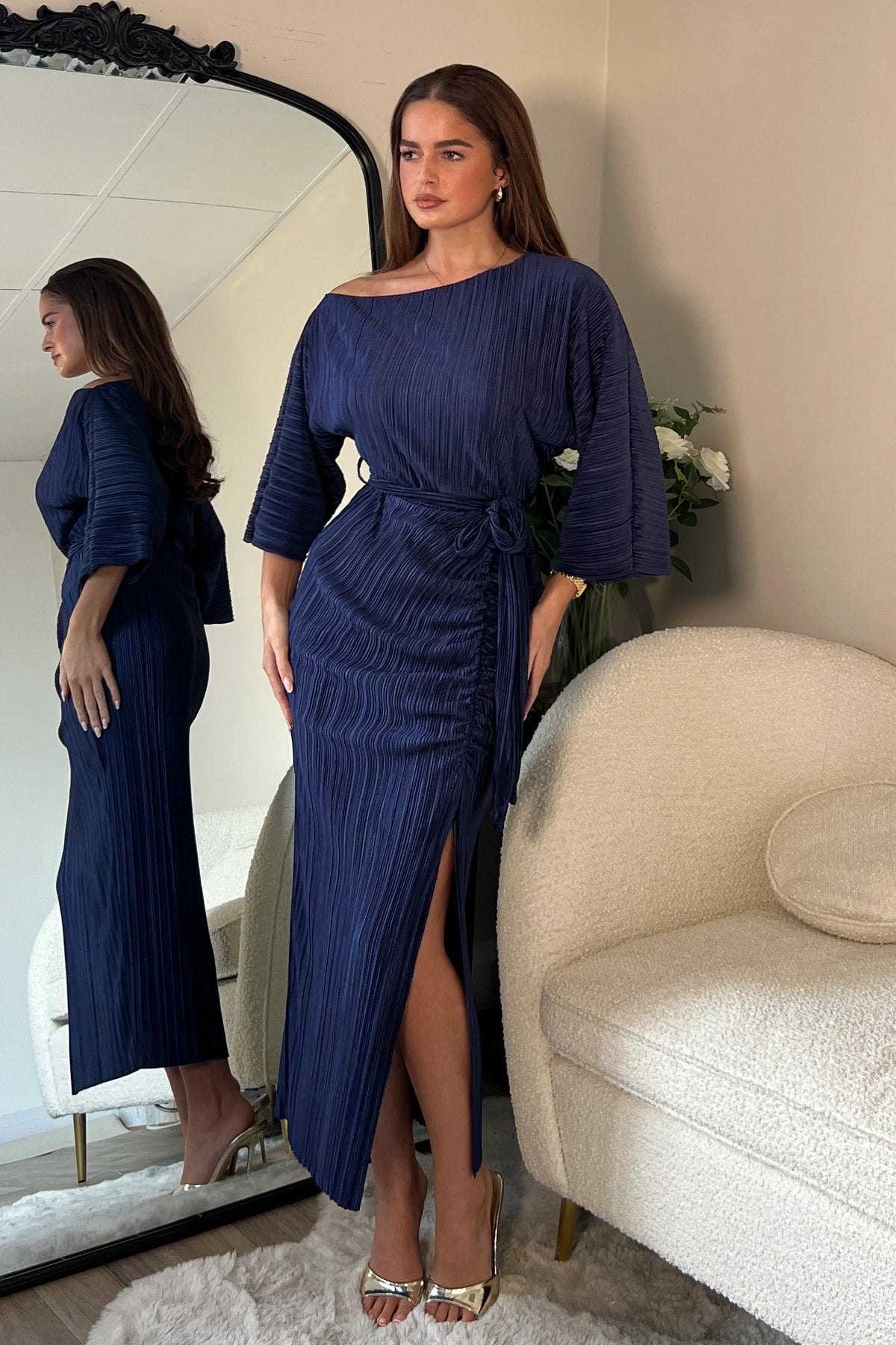 Girl In Mind Vendy Off The Shoulder Plisse Navy Midi Dress Love My Apparel Girl In Mind Vendy Off The Shoulder Plisse Navy Midi Dress Love My Apparel