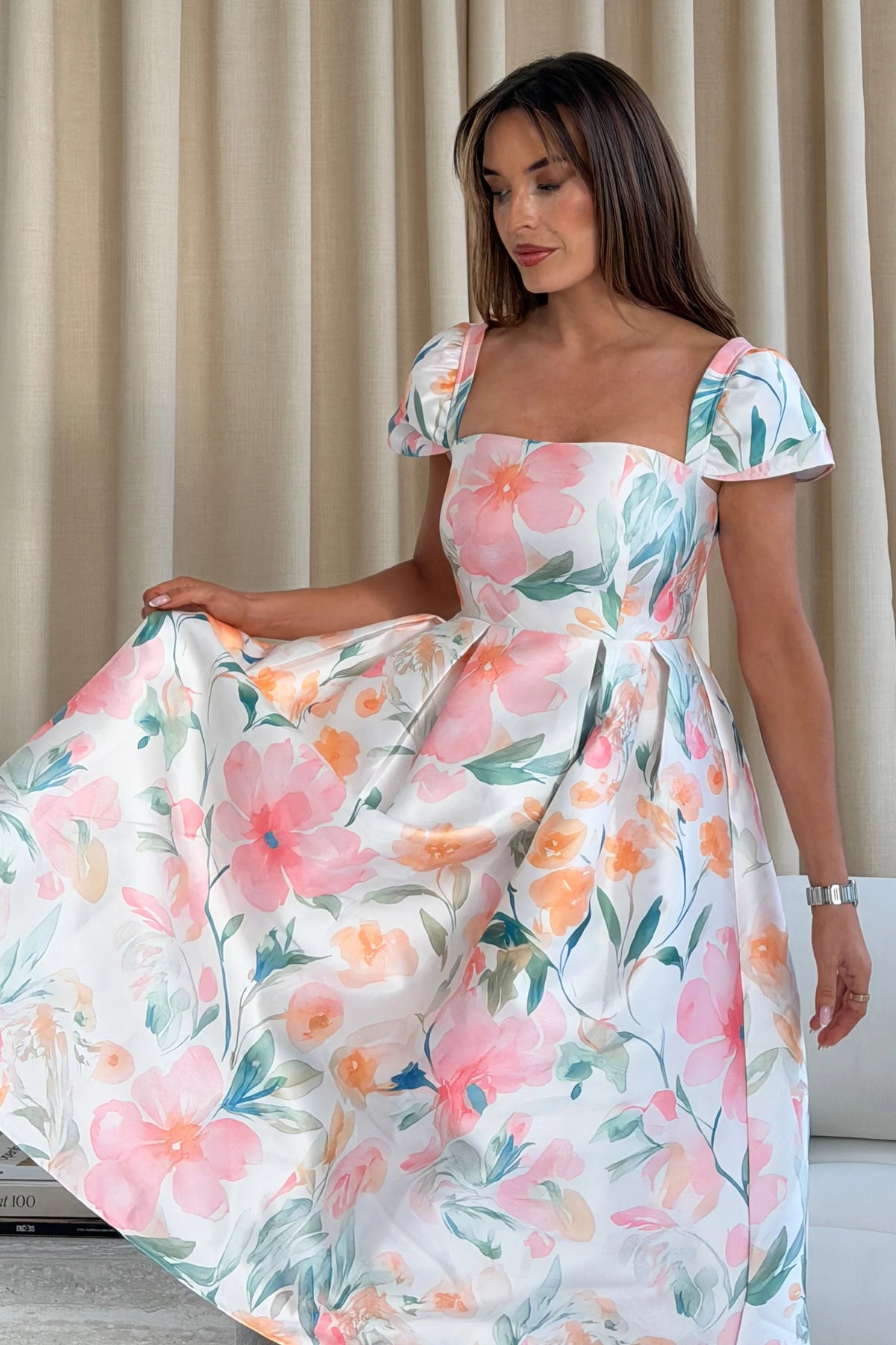 Girl In Mind Prim Cap Sleeve Floral Midi Dress