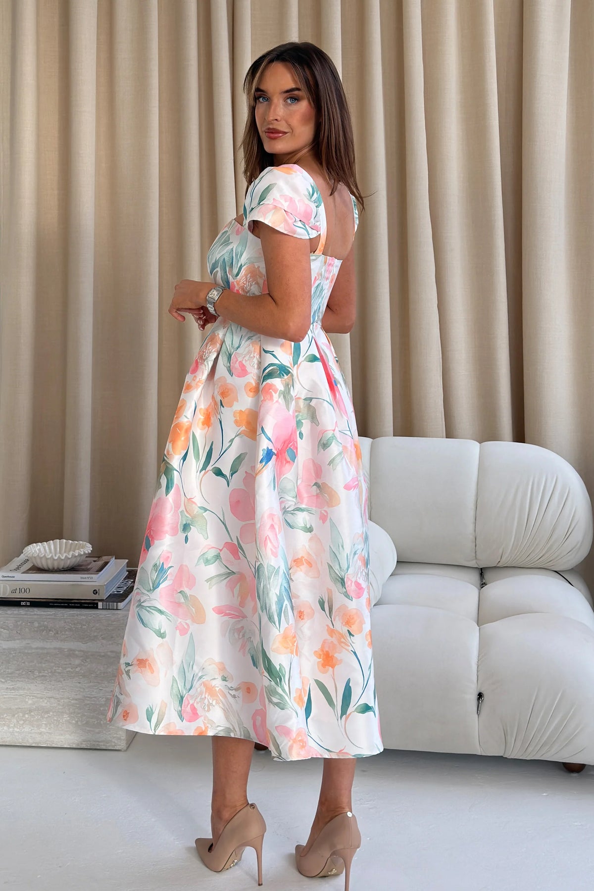 Girl In Mind Prim Cap Sleeve Floral Midi Dress