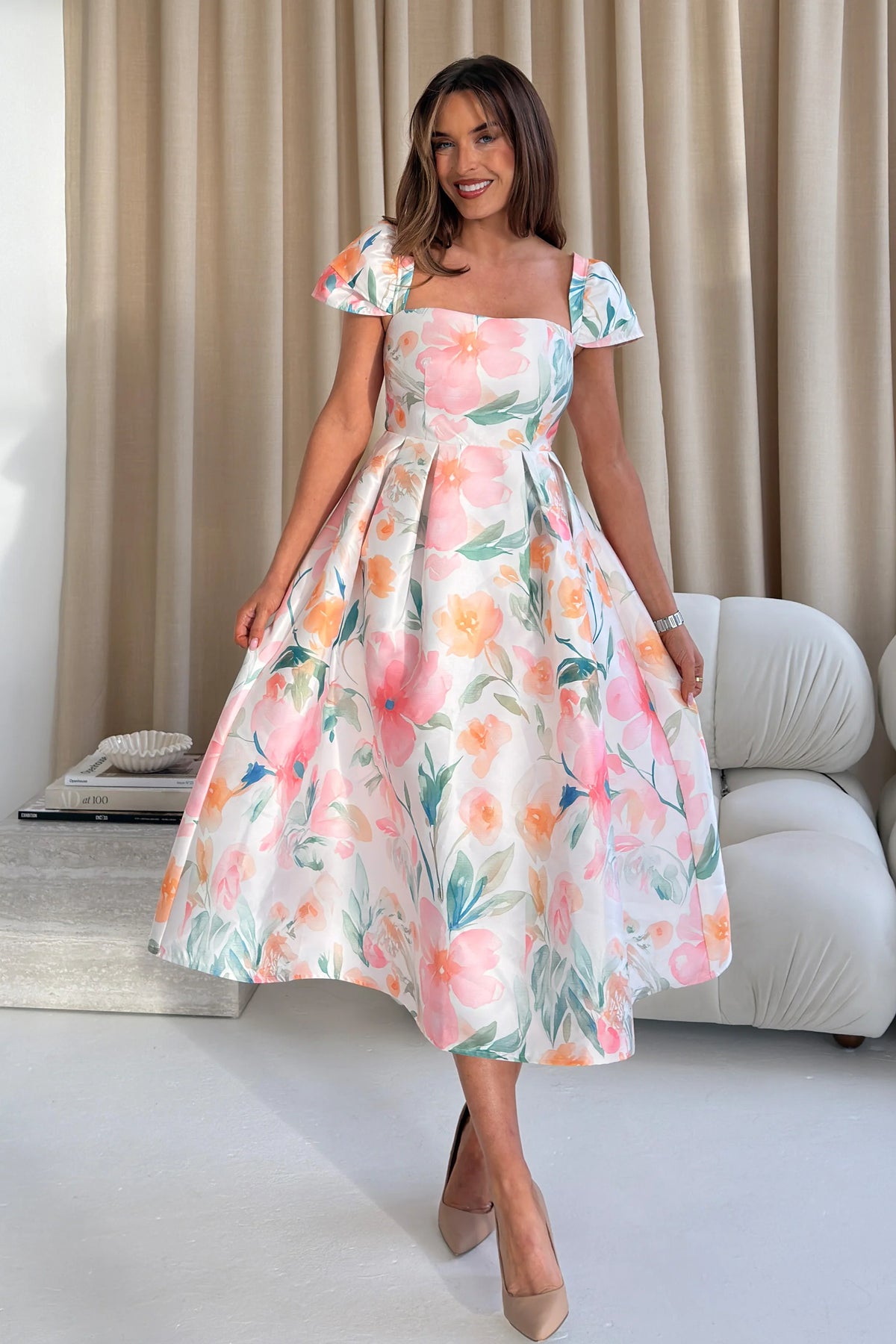 Girl In Mind Prim Cap Sleeve Floral Midi Dress