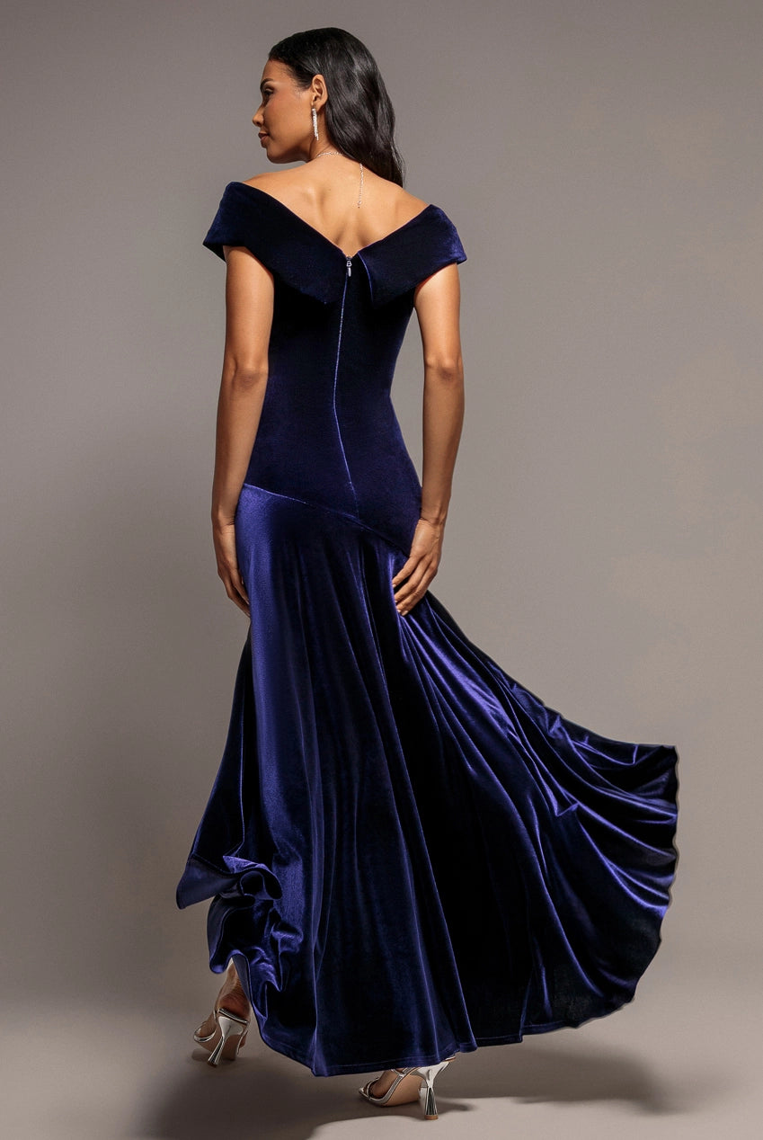 Goddiva Velvet Indigo Bardot A Line Maxi Dress