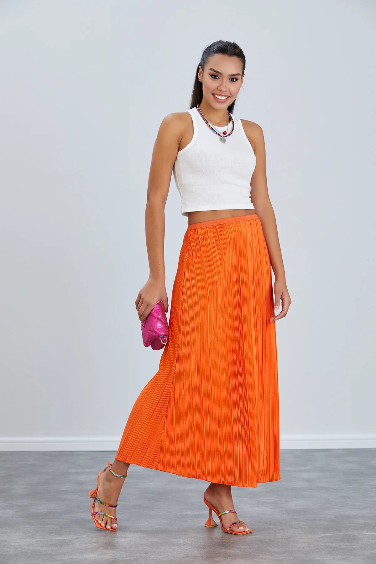 Jenerique Pleated Orange Midi Skirt