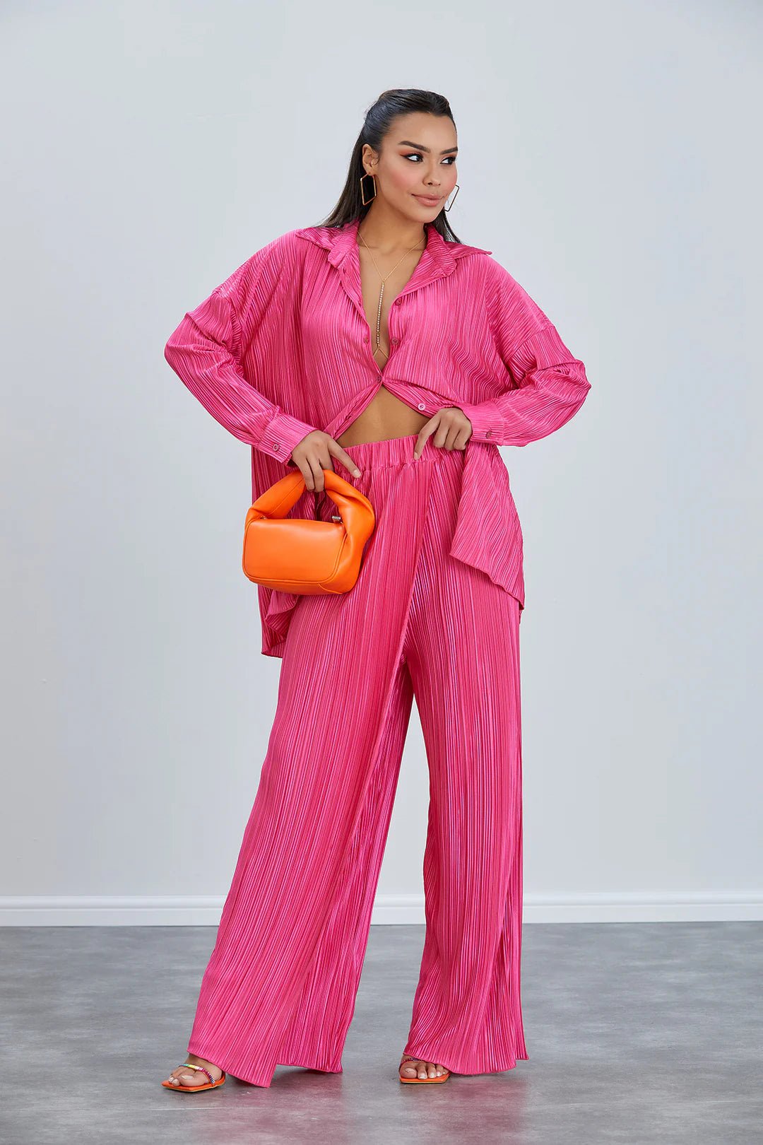 Jenerique Plisse Co-ord Pink Trousers And Shirt Set