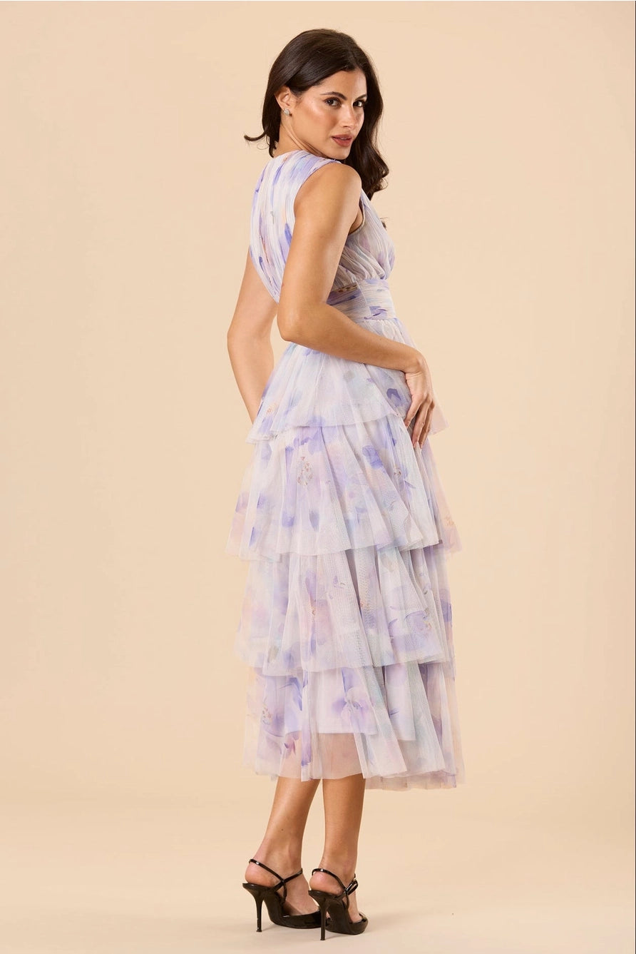 Lace & Beads Astrid Tulle Lilac Amethyst Floral Midi Dress