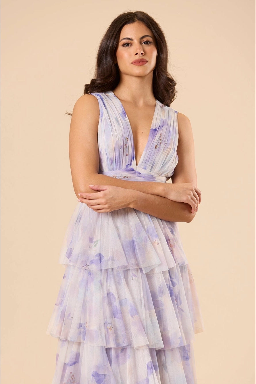 Lace & Beads Astrid Tulle Lilac Amethyst Floral Midi Dress