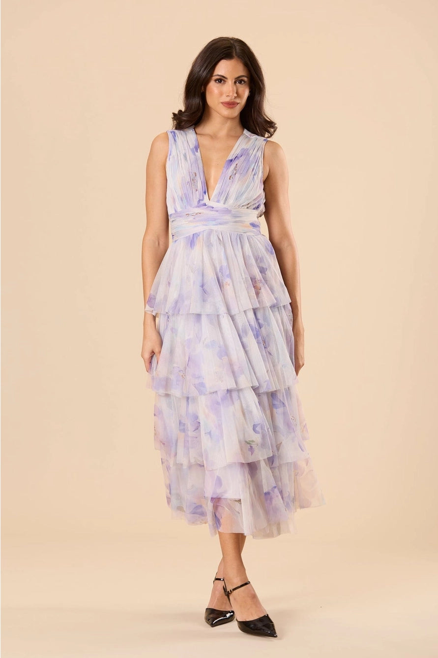 Lace & Beads Astrid Tulle Lilac Amethyst Floral Midi Dress