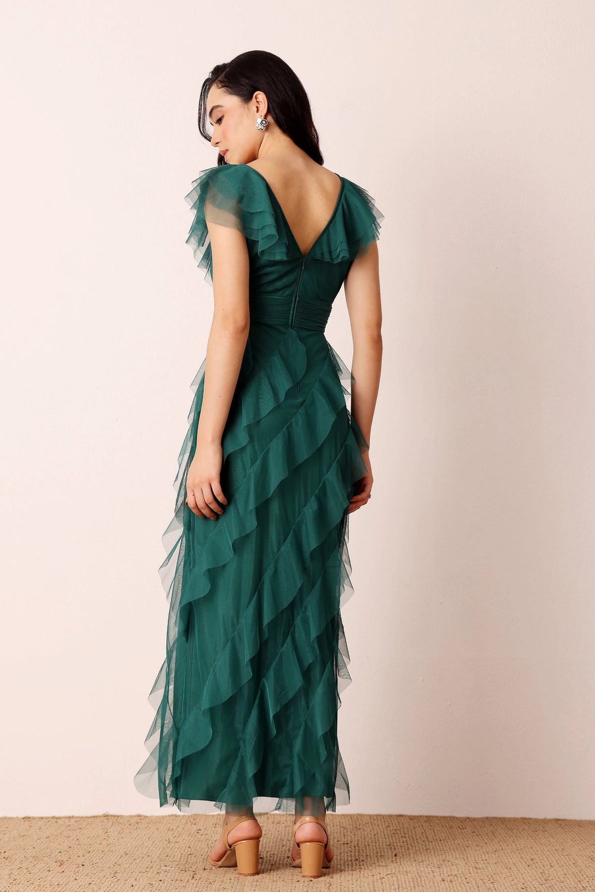 Lace & Beads Carpathia Emerald Green Ruffle Maxi Dress