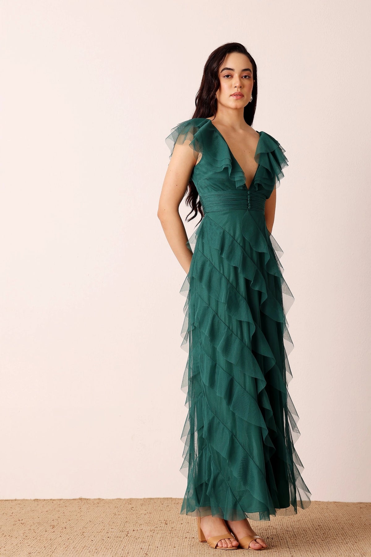 Lace & Beads Carpathia Emerald Green Ruffle Maxi Dress