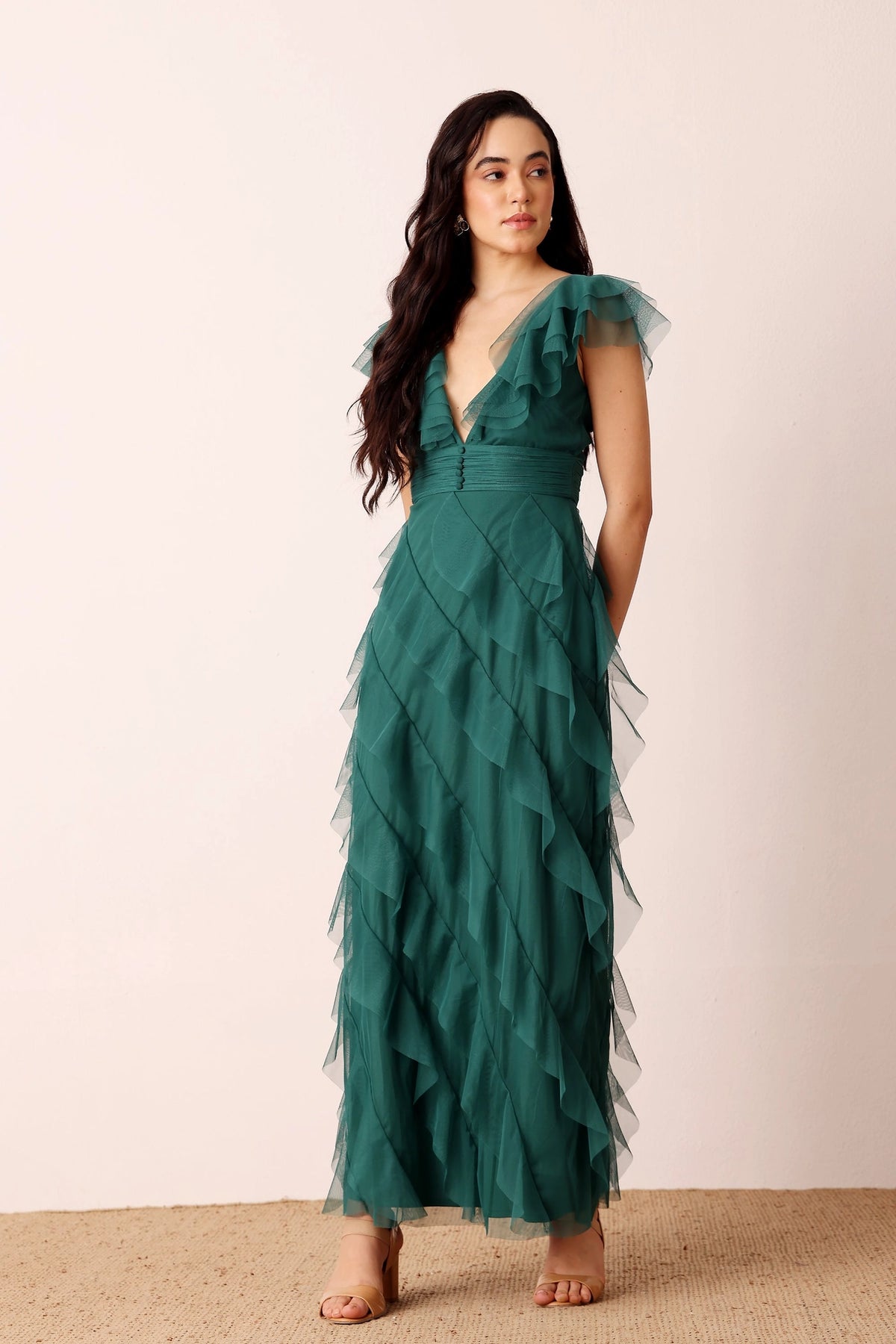 Lace & Beads Carpathia Emerald Green Ruffle Maxi Dress