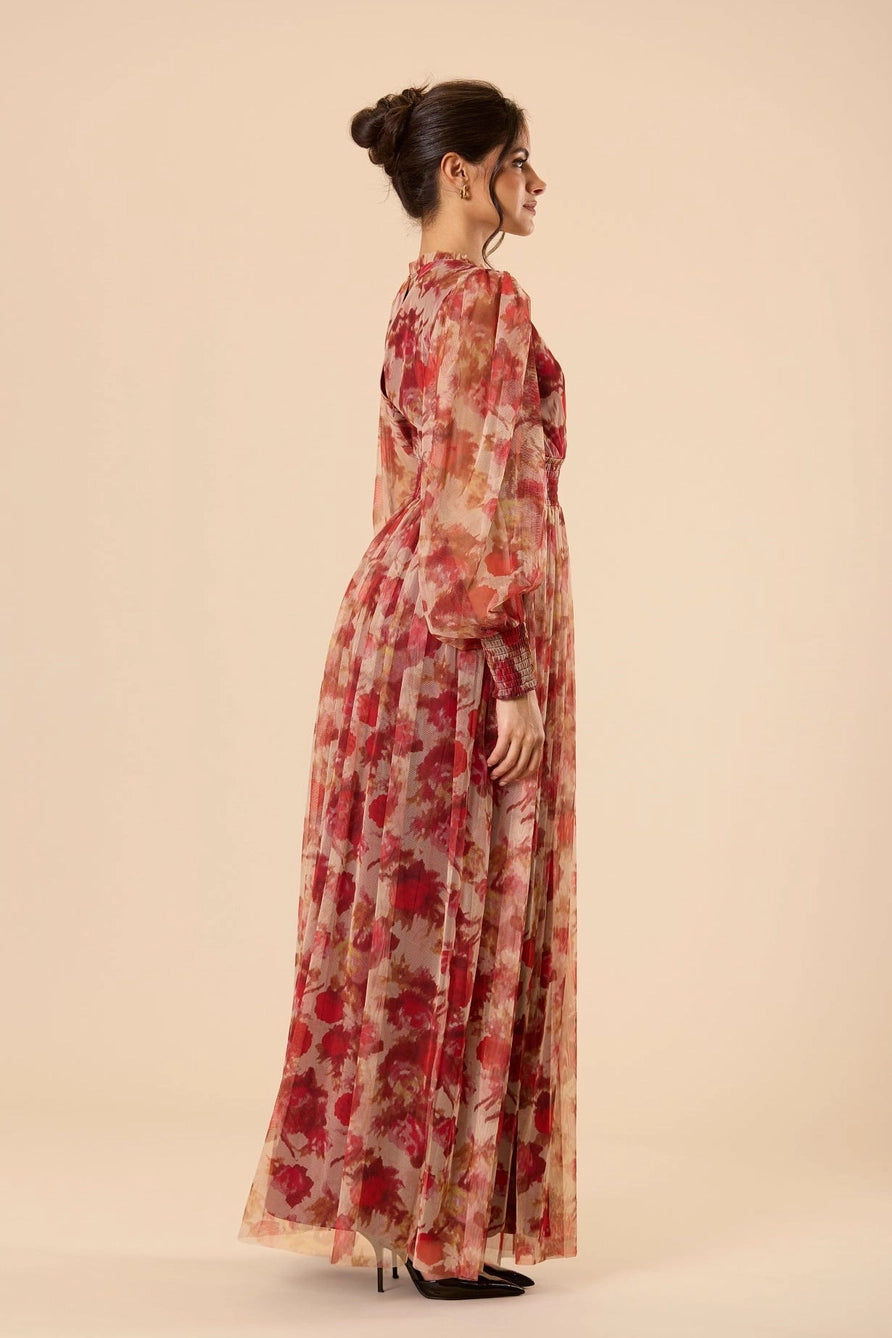 Lace & Beads Comet Long Sleeved Red Floral Tulle Maxi Dress