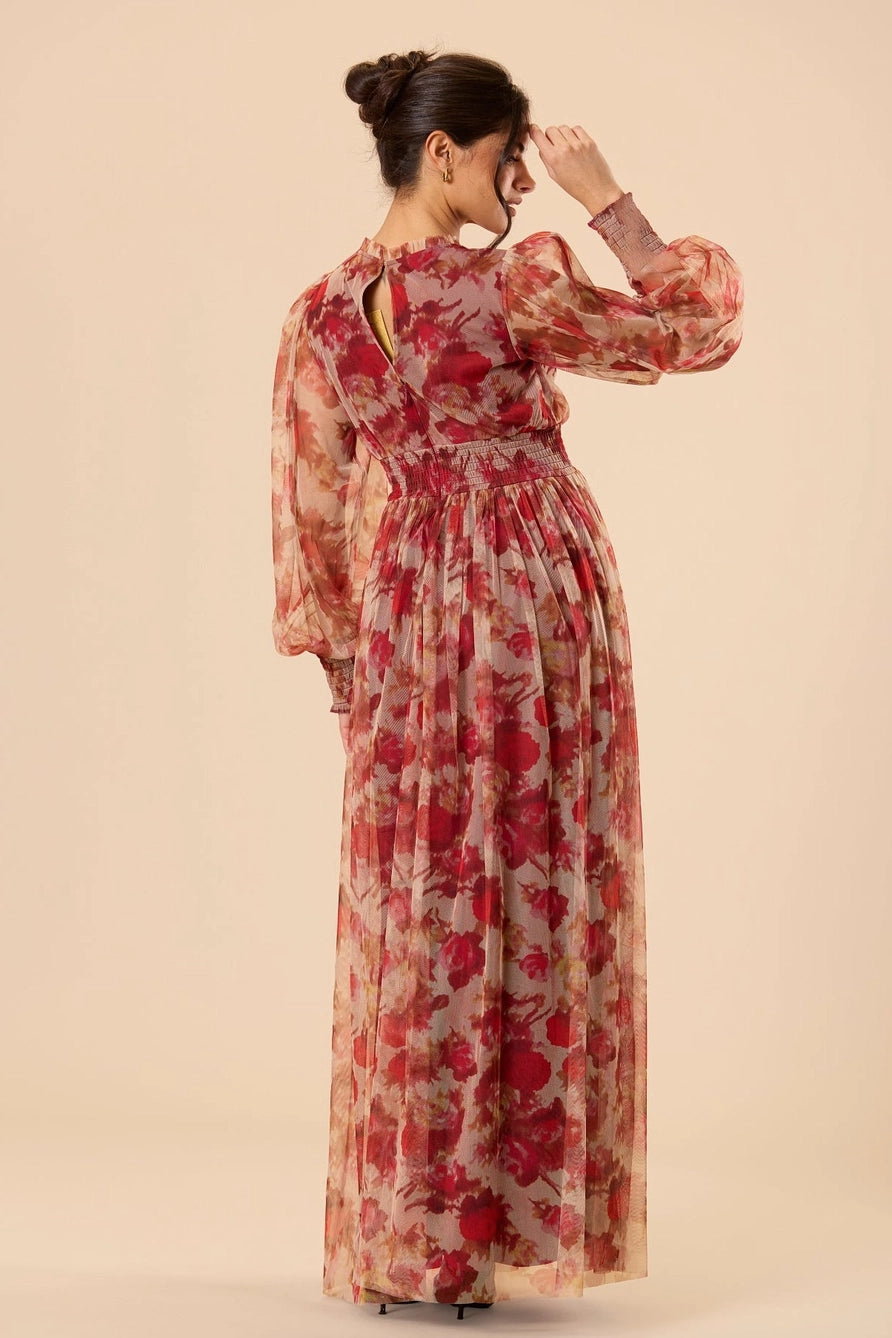 Lace & Beads Comet Long Sleeved Red Floral Tulle Maxi Dress