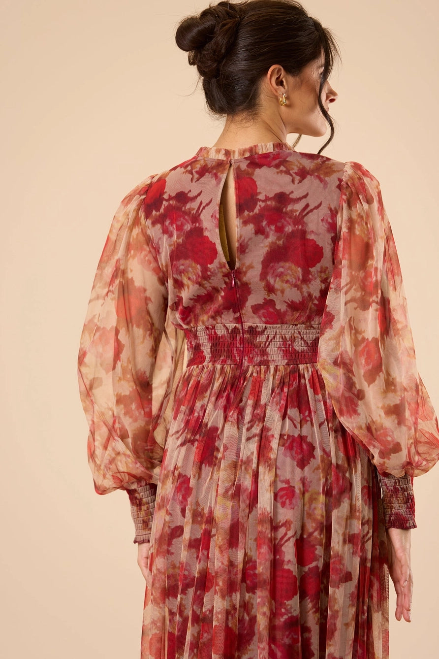 Lace & Beads Comet Long Sleeved Red Floral Tulle Maxi Dress